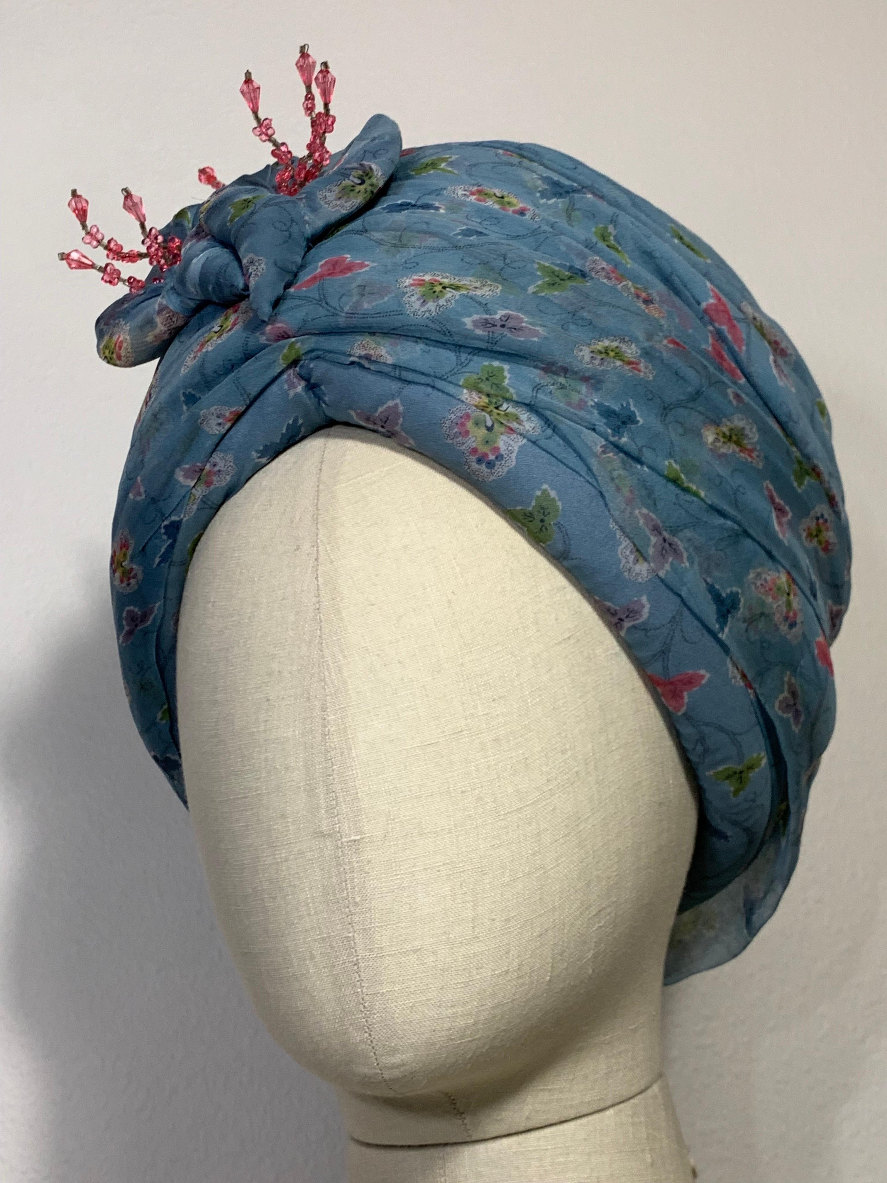 Custom Made Periwinkle Blue Floral Print Turban w  Crystal Embellishment & Pin For Sale 7