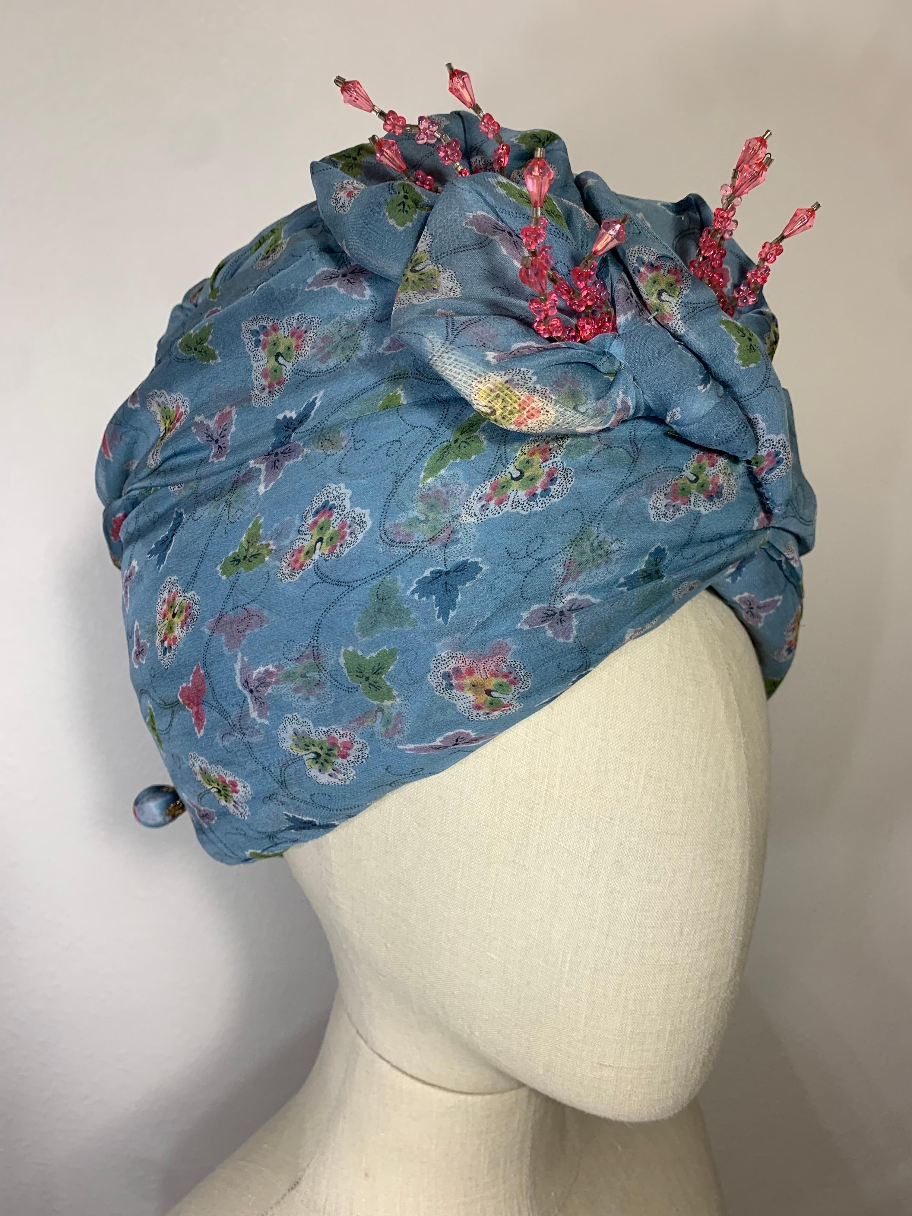 Custom Made Periwinkle Blue Floral Print Turban w  Crystal Embellishment & Pin For Sale 8