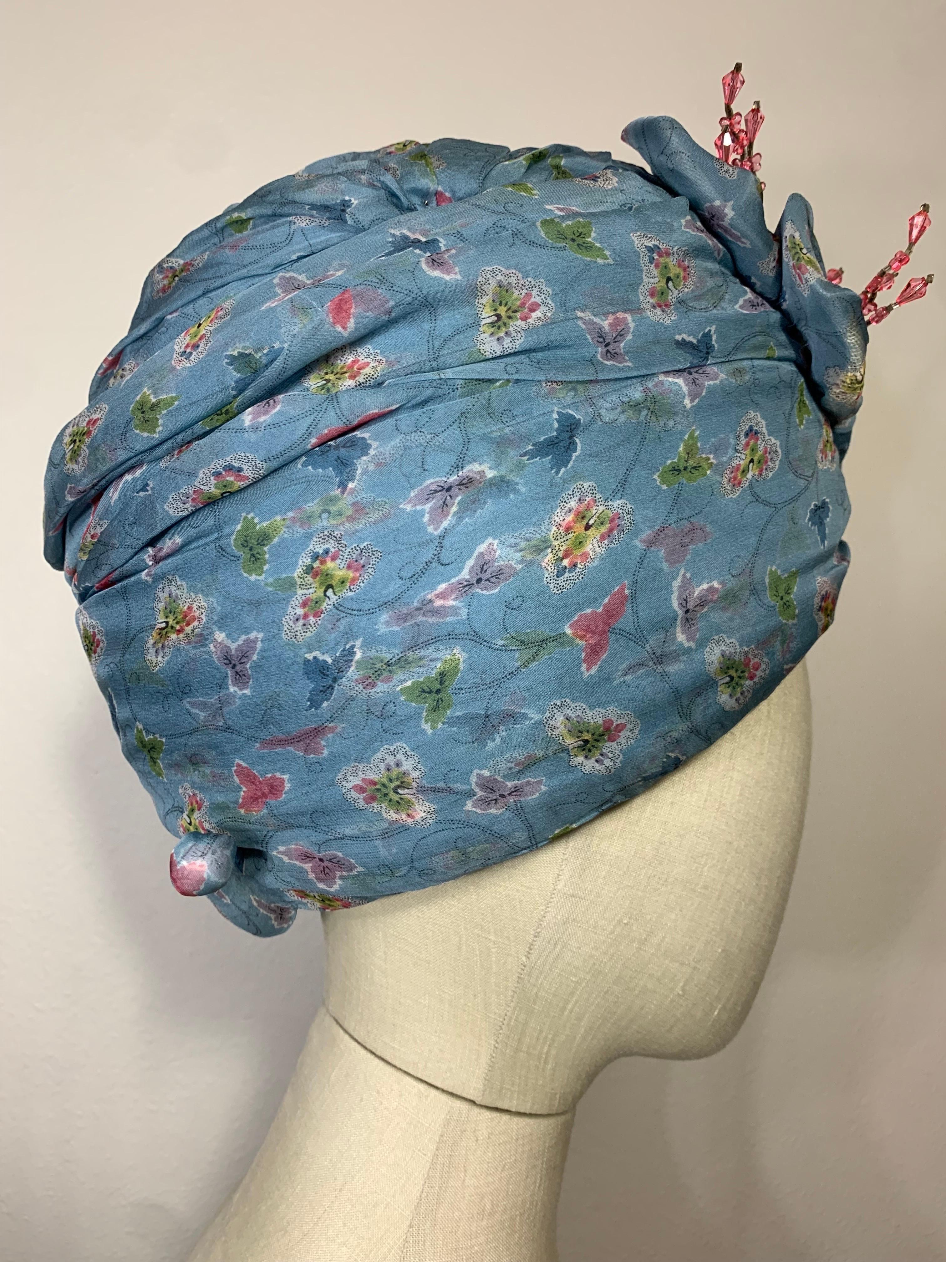 Custom Made Periwinkle Blue Floral Print Turban w  Crystal Embellishment & Pin For Sale 9