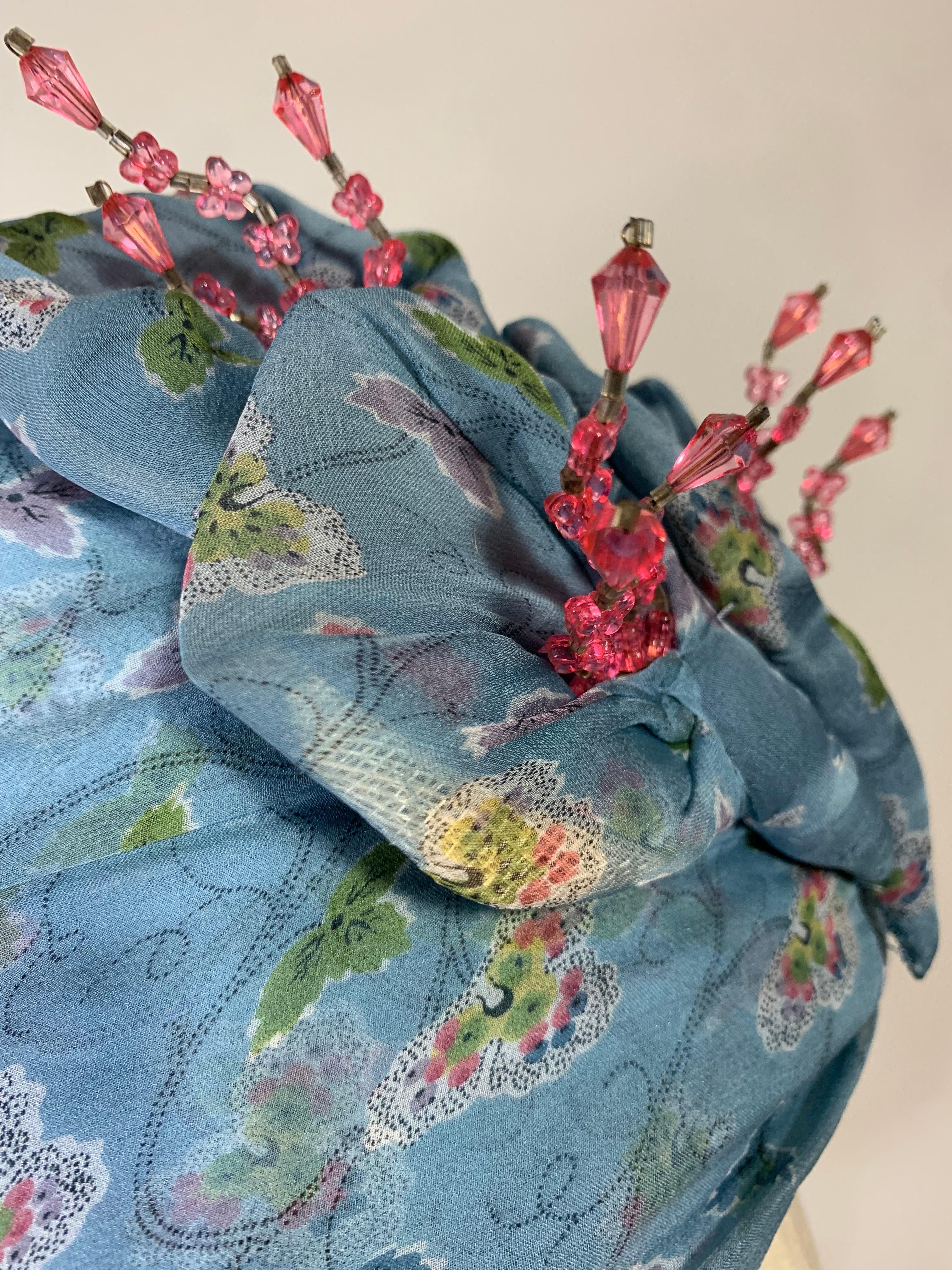 Custom Made Periwinkle Blue Floral Print Turban w  Crystal Embellishment & Pin For Sale 10