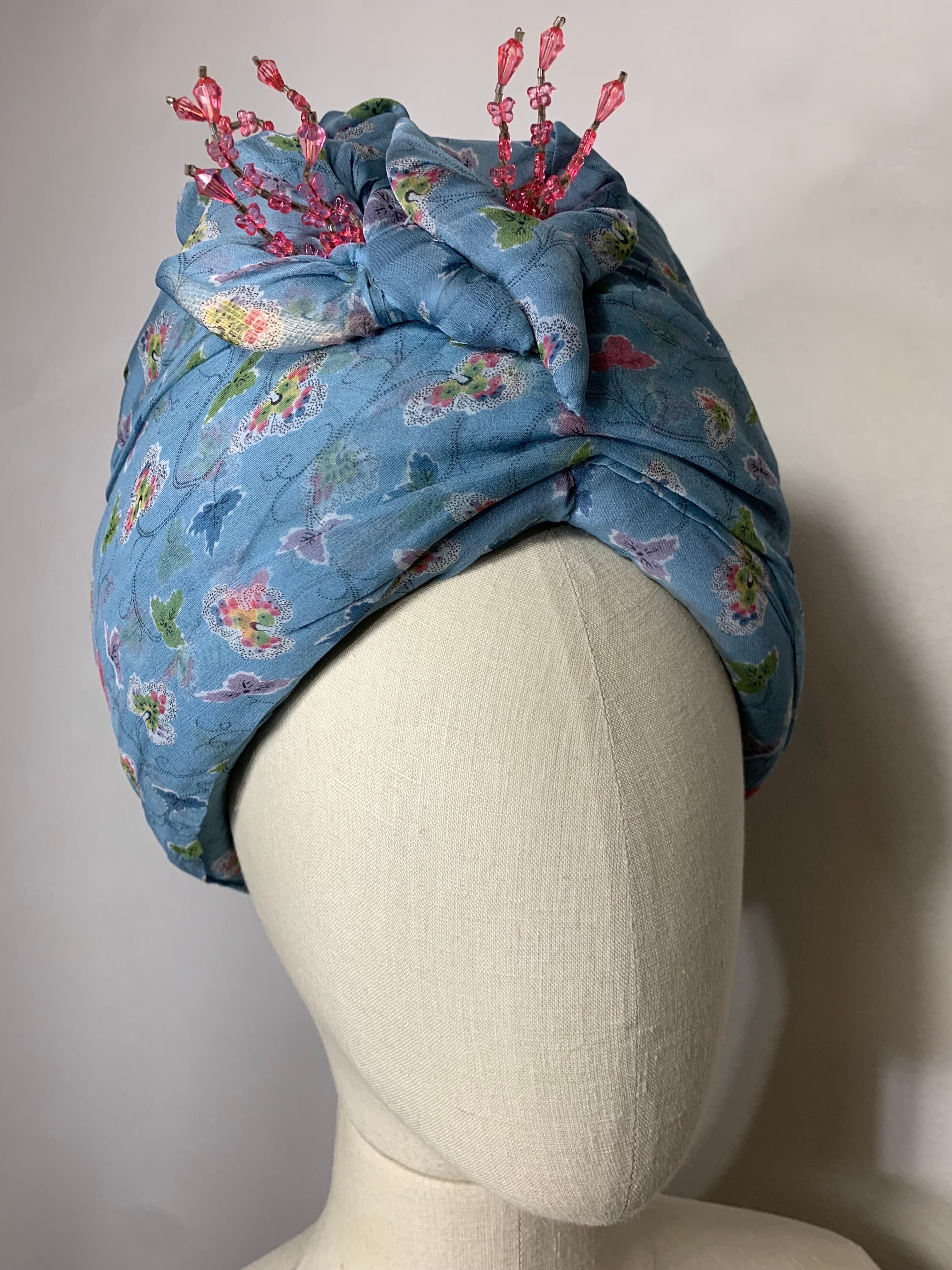 Custom Made Periwinkle Blue Floral Print Turban w  Crystal Embellishment & Pin For Sale 11