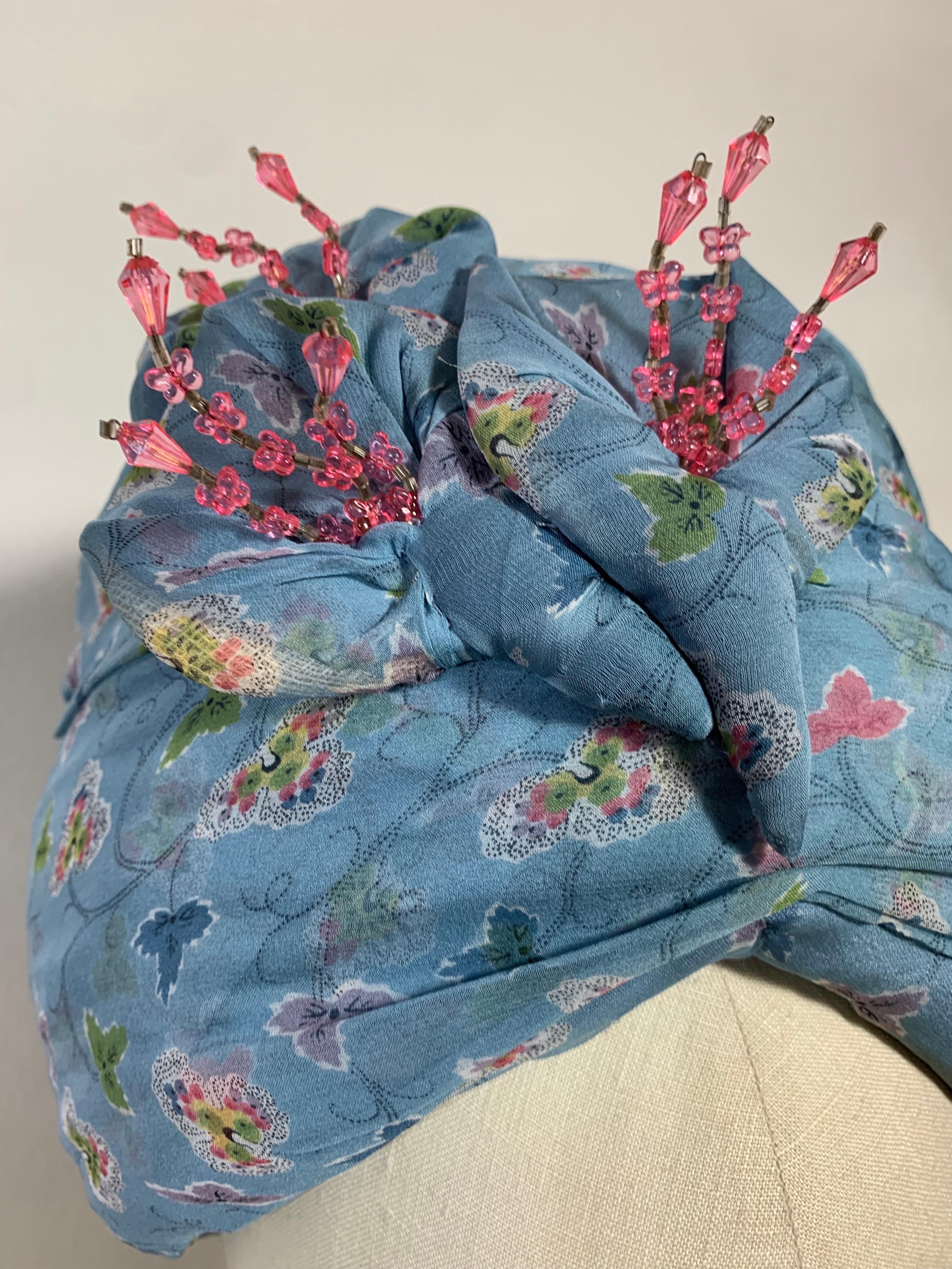 Custom Made Periwinkle Blue Floral Print Turban w  Crystal Embellishment & Pin For Sale 13