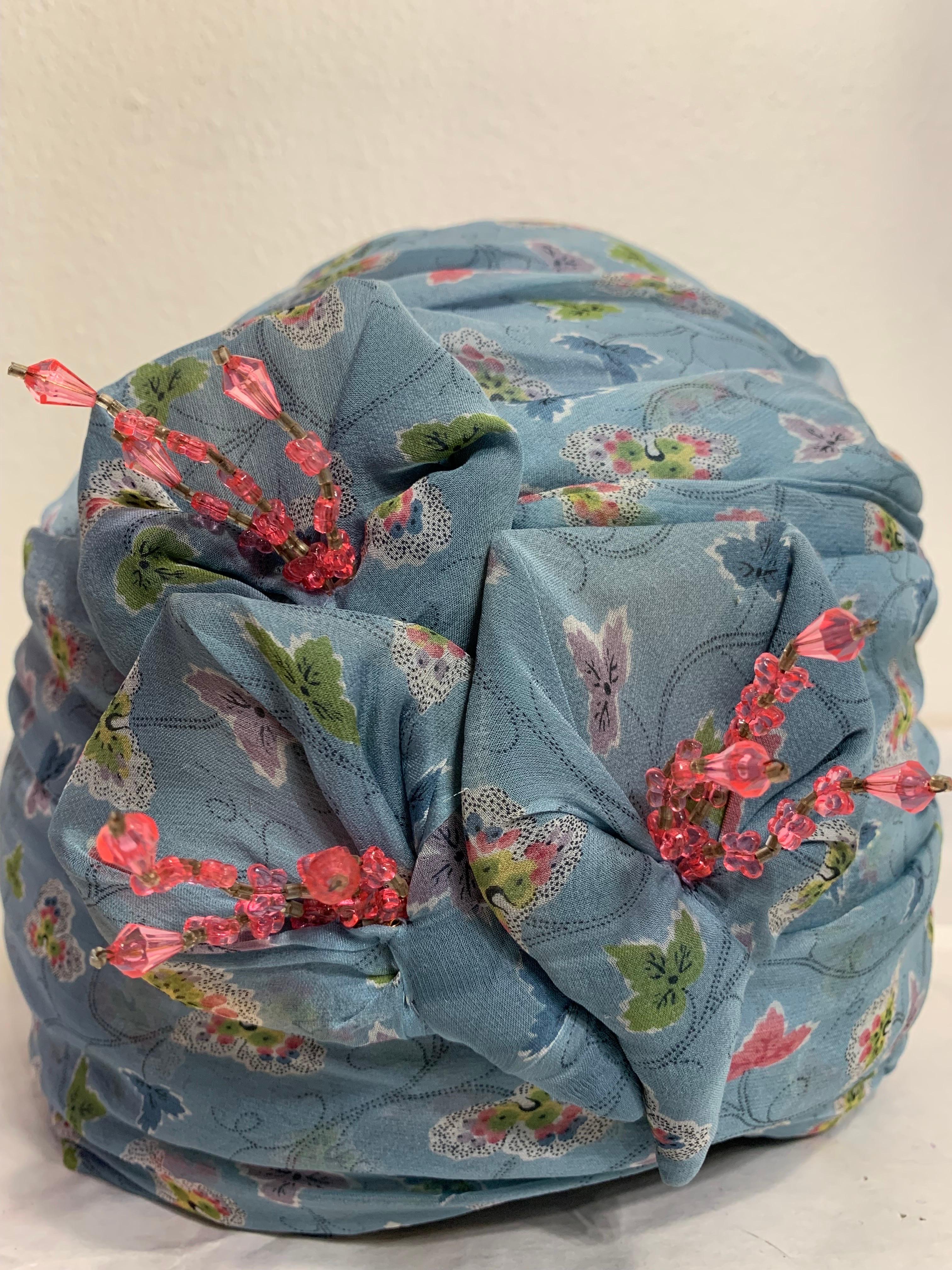 Custom Made Periwinkle Blue Floral Print Turban w  Crystal Embellishment & Pin For Sale 14