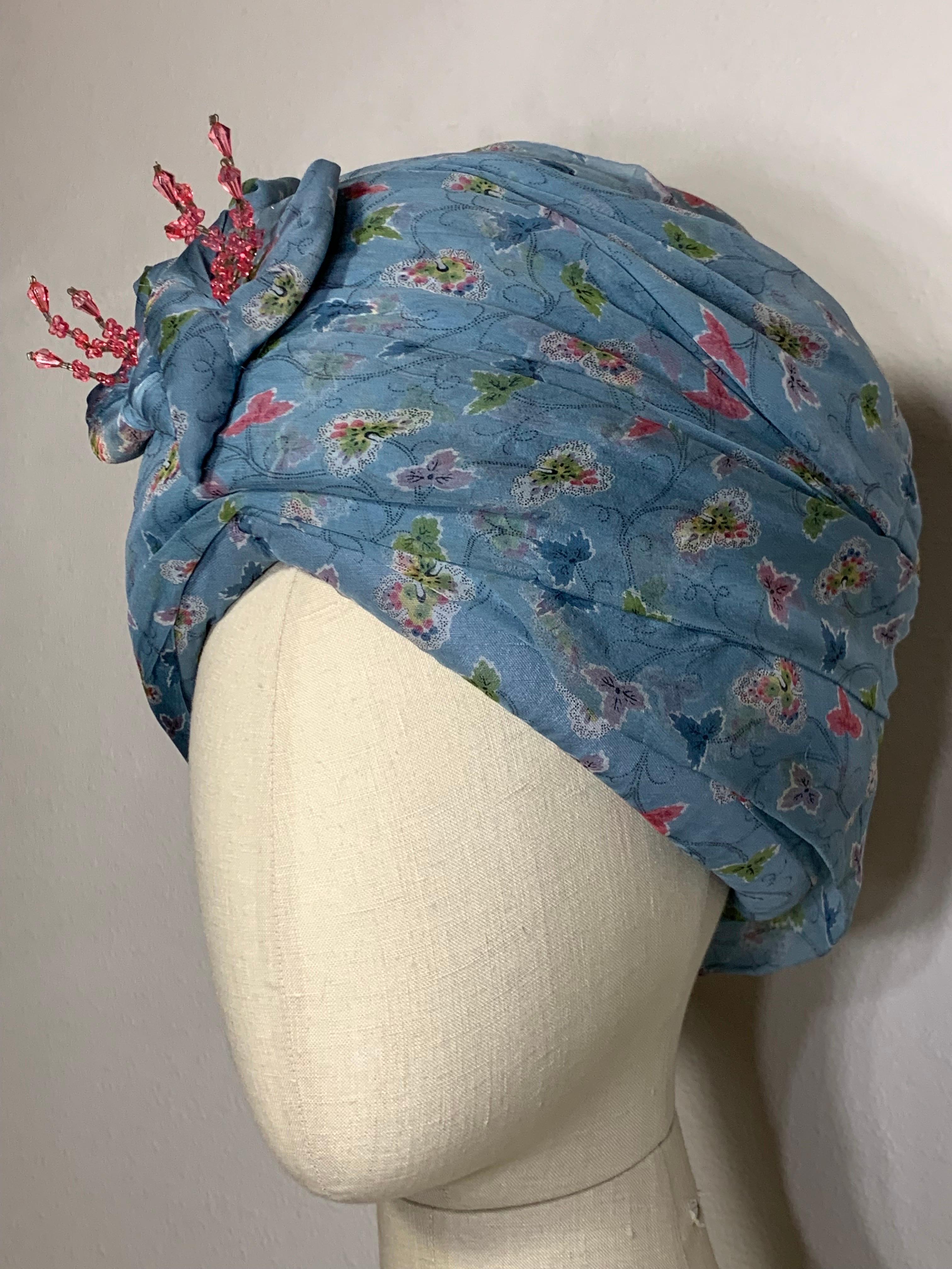 Women's Custom Made Periwinkle Blue Floral Print Turban w  Crystal Embellishment & Pin For Sale