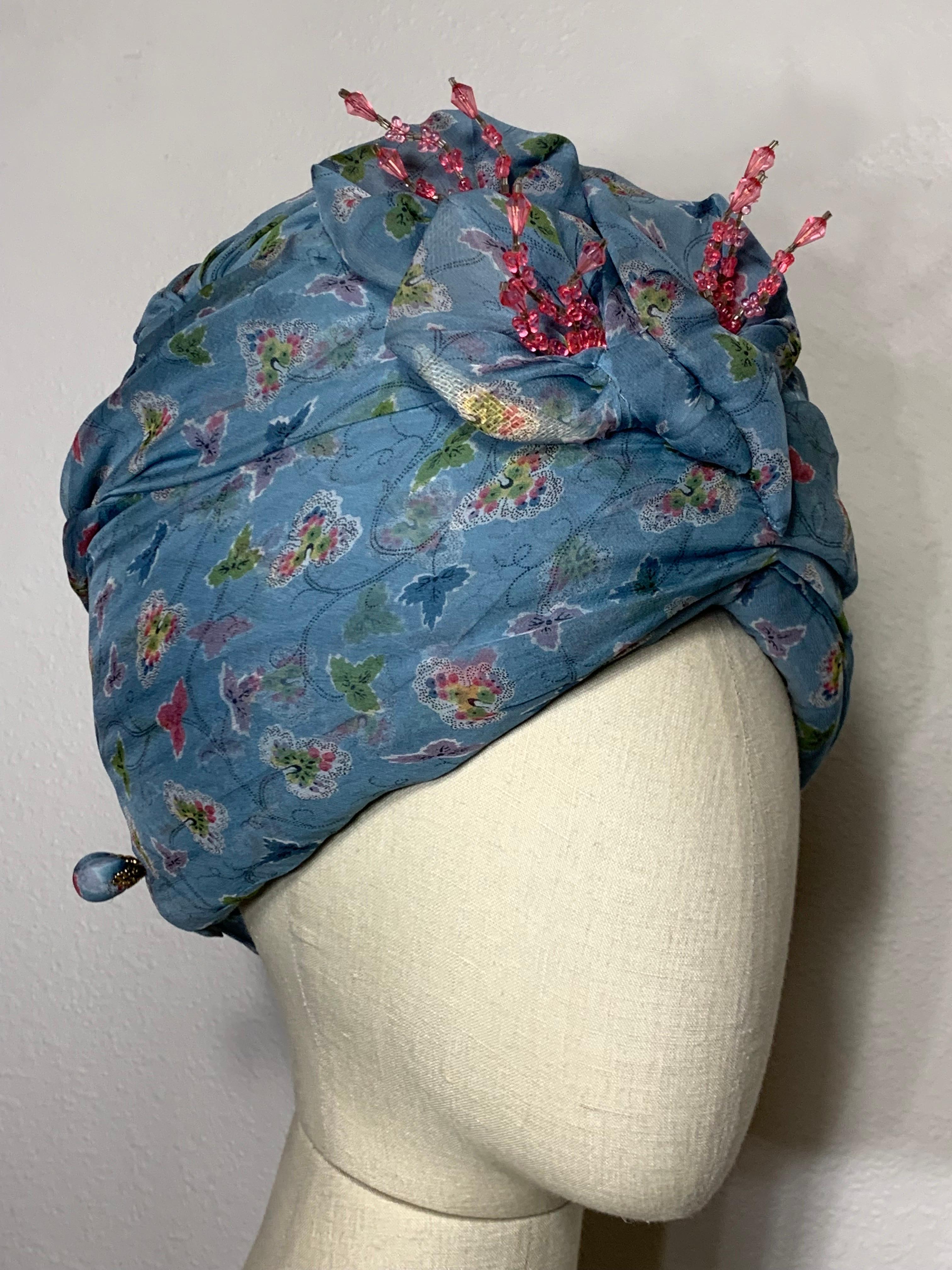 Custom Made Periwinkle Blue Floral Print Turban w  Crystal Embellishment & Pin For Sale 1