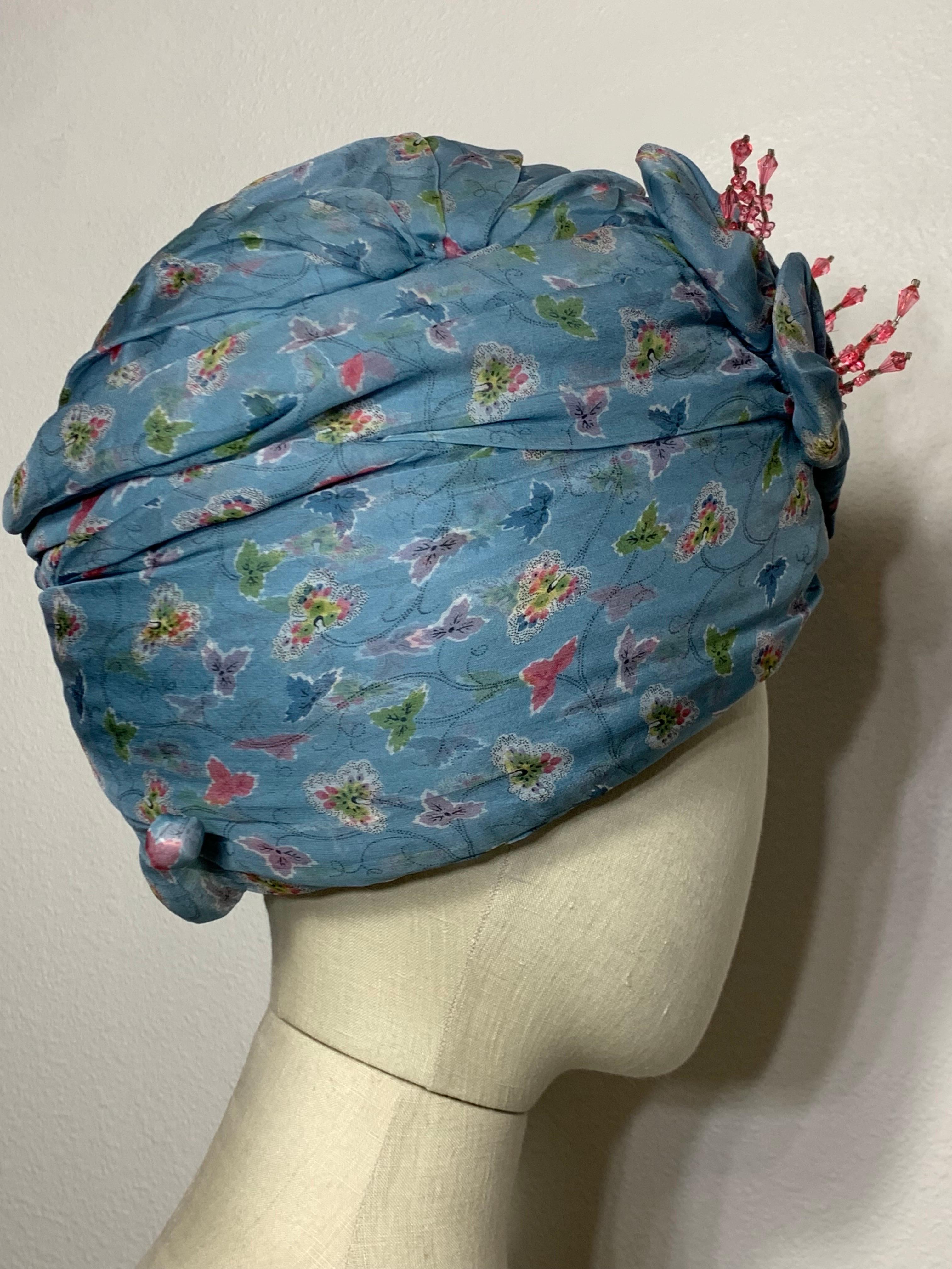 Custom Made Periwinkle Blue Floral Print Turban w  Crystal Embellishment & Pin For Sale 2