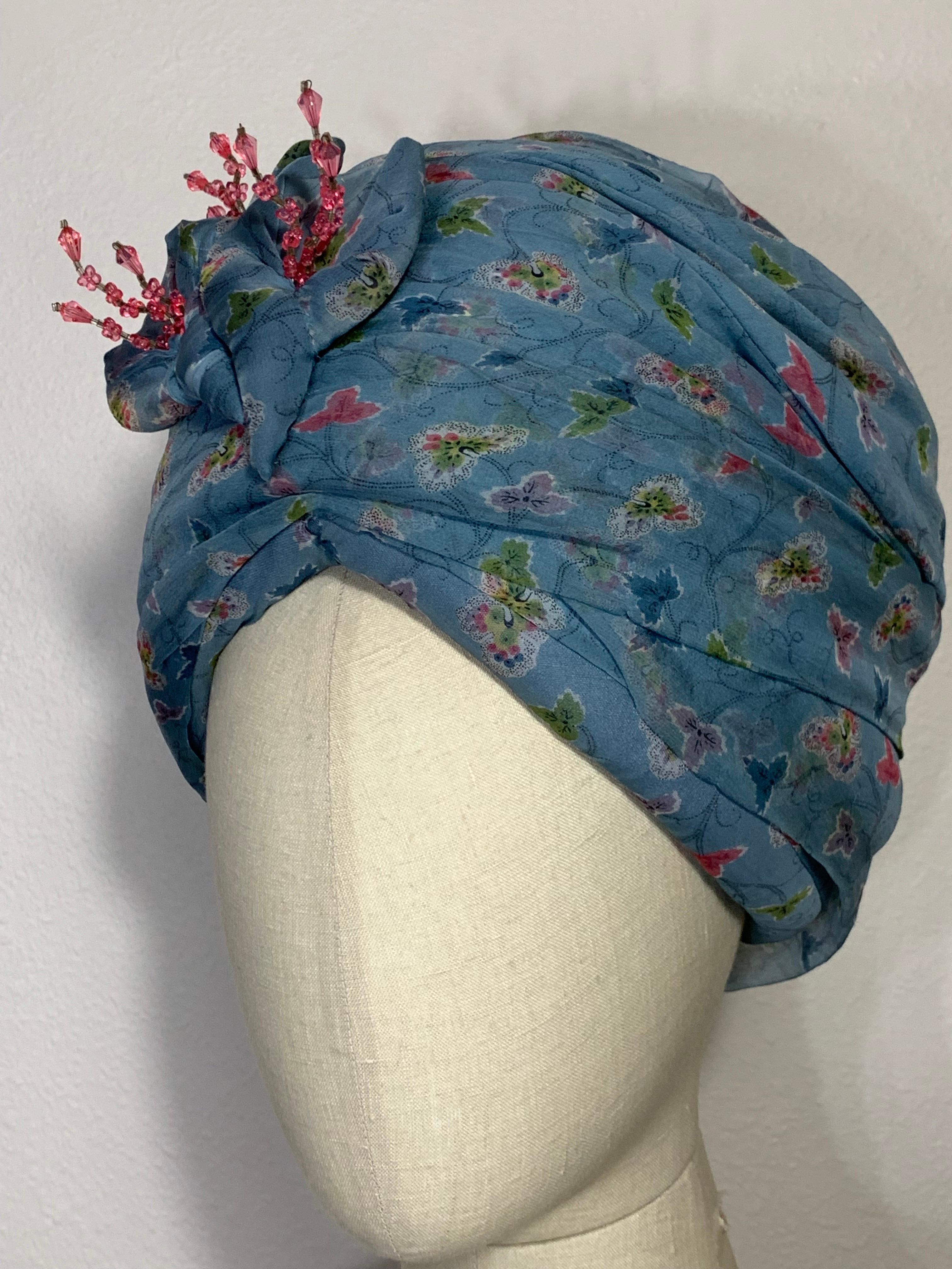 Custom Made Periwinkle Blue Floral Print Turban w  Crystal Embellishment & Pin For Sale 5