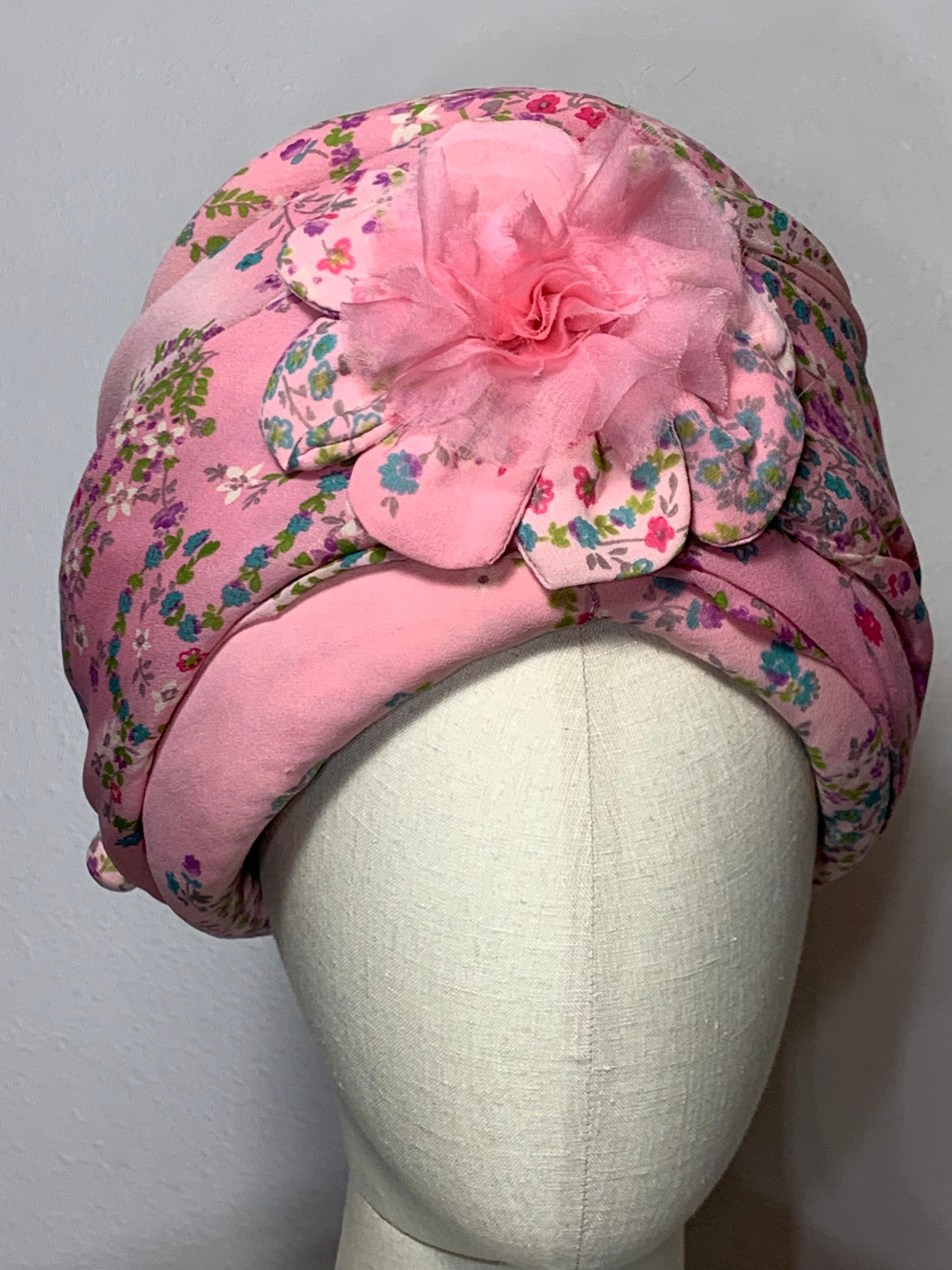 Custom Made Pink Floral Chiffon Turban w Matching Flower at Front & Hat Pin For Sale 6