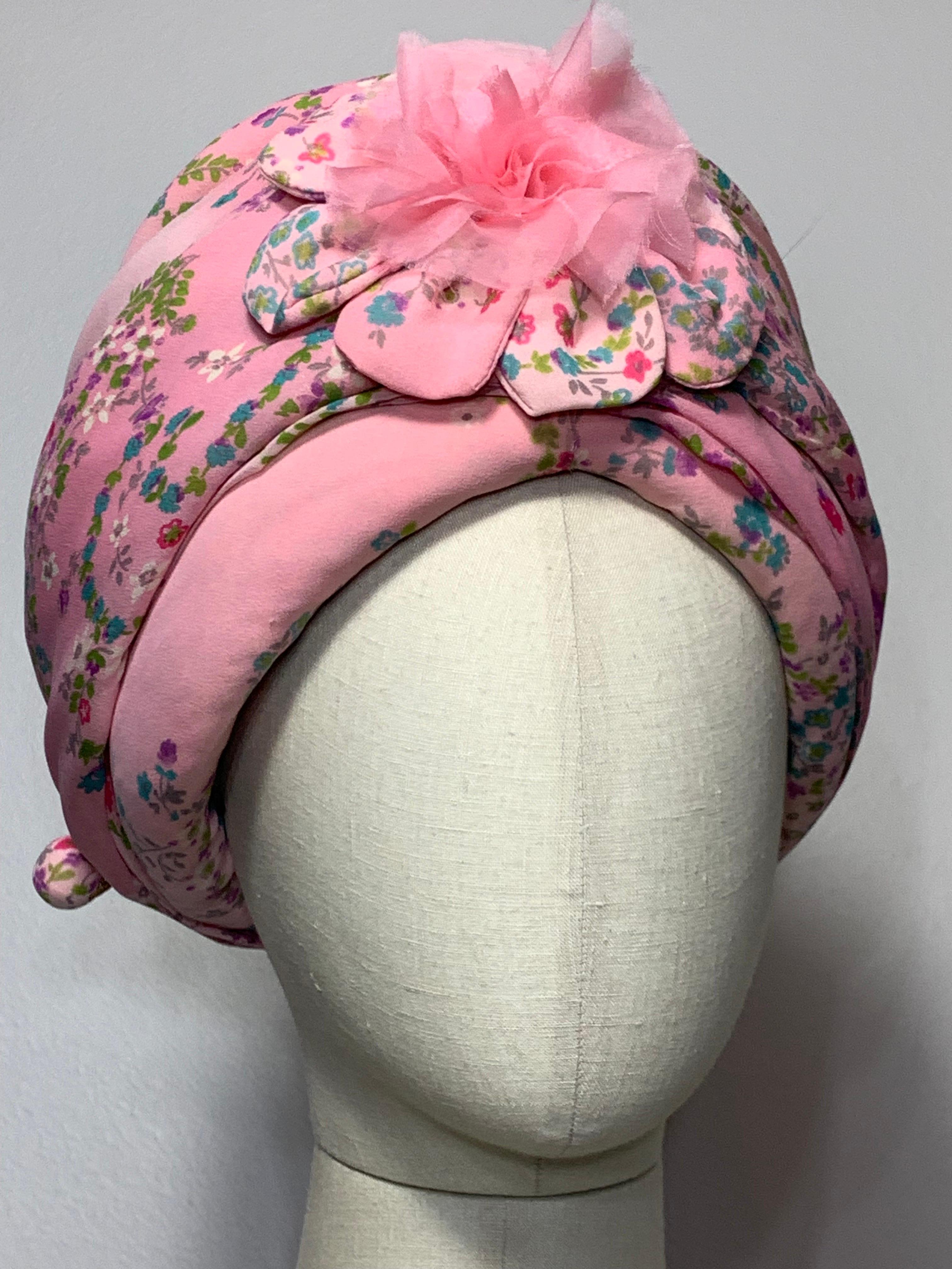 Custom Made Pink Floral Chiffon Turban w Matching Flower at Front & Hat Pin For Sale 7