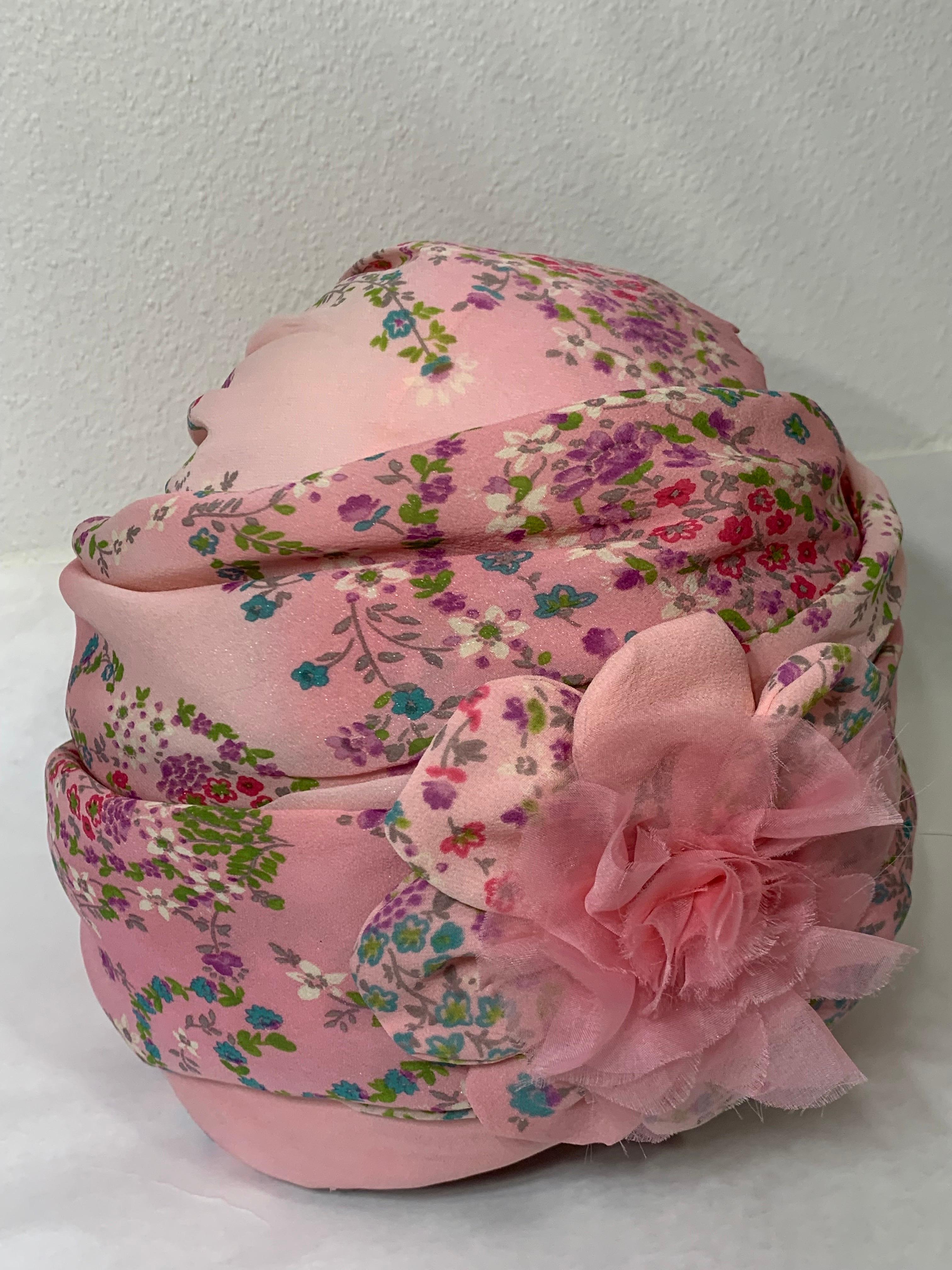 Custom Made Pink Floral Chiffon Turban w Matching Flower at Front & Hat Pin For Sale 9