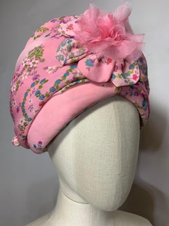 Custom Made Pink Floral Chiffon Turban w Matching Flower at Front & Hat Pin