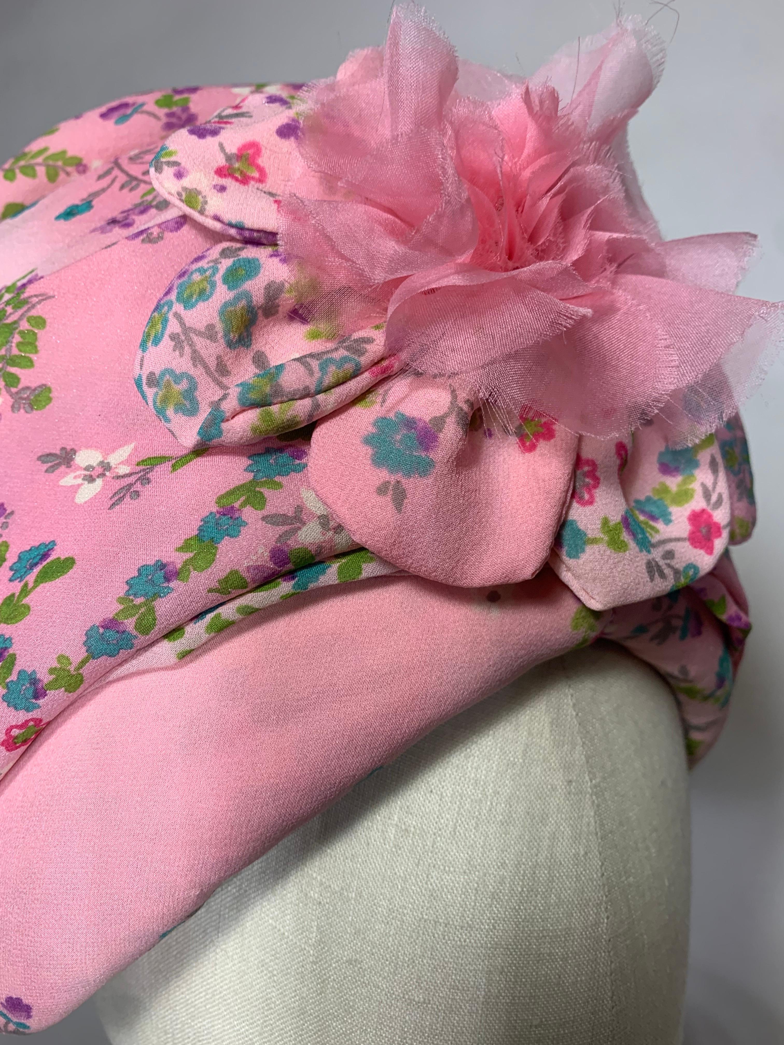 Custom Made Pink Floral Chiffon Turban w Matching Flower at Front & Hat Pin In Excellent Condition For Sale In Gresham, OR