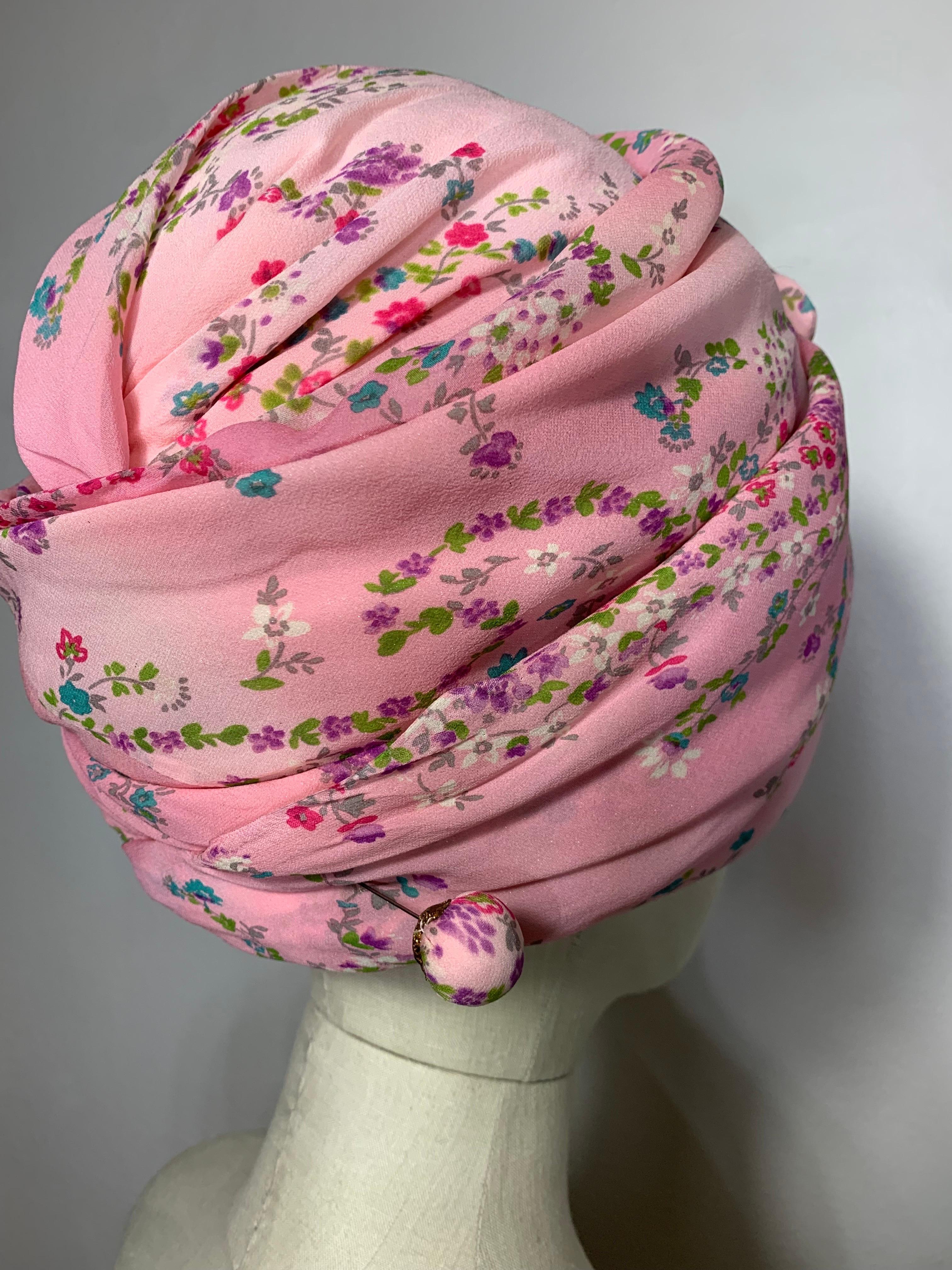 Custom Made Pink Floral Chiffon Turban w Matching Flower at Front & Hat Pin For Sale 1