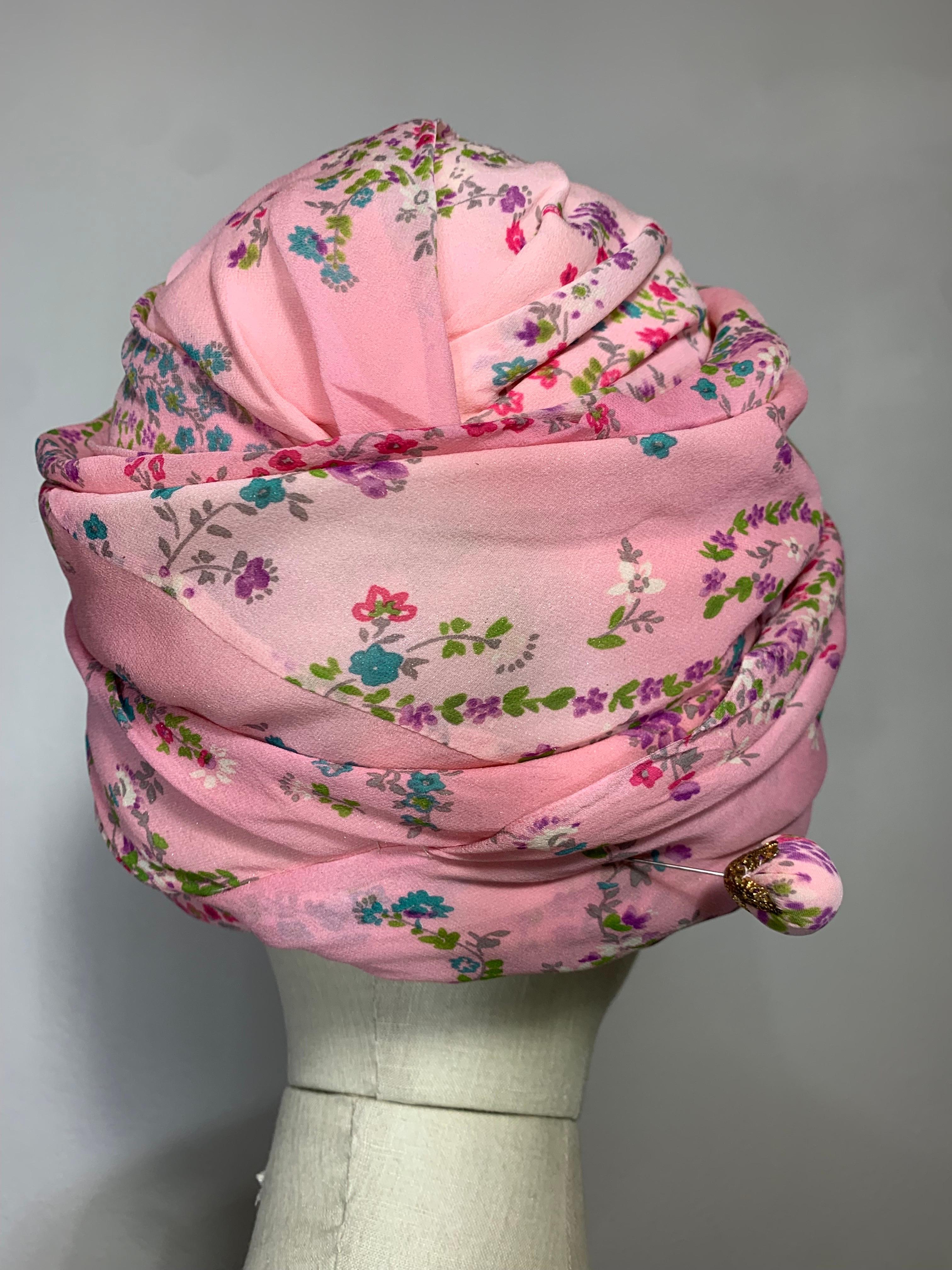 Custom Made Pink Floral Chiffon Turban w Matching Flower at Front & Hat Pin For Sale 2
