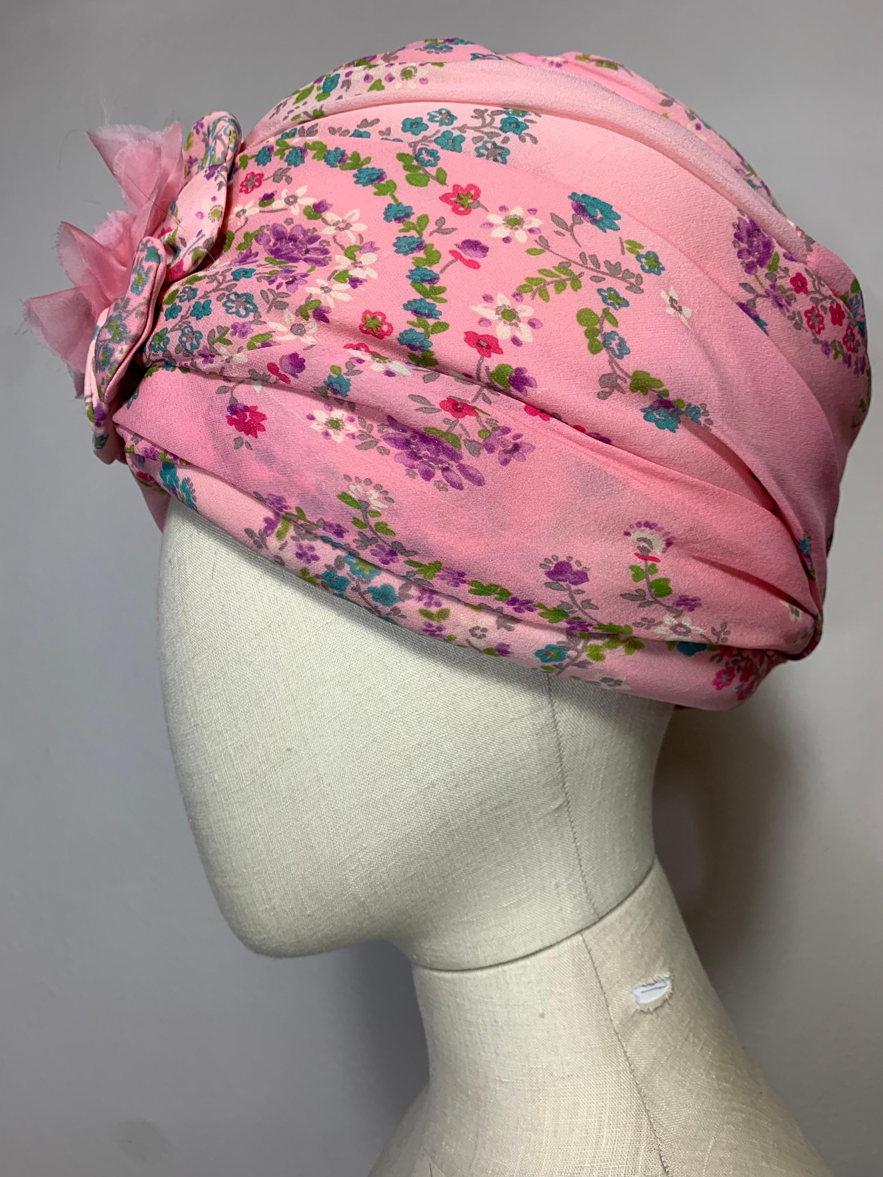 Custom Made Pink Floral Chiffon Turban w Matching Flower at Front & Hat Pin For Sale 4