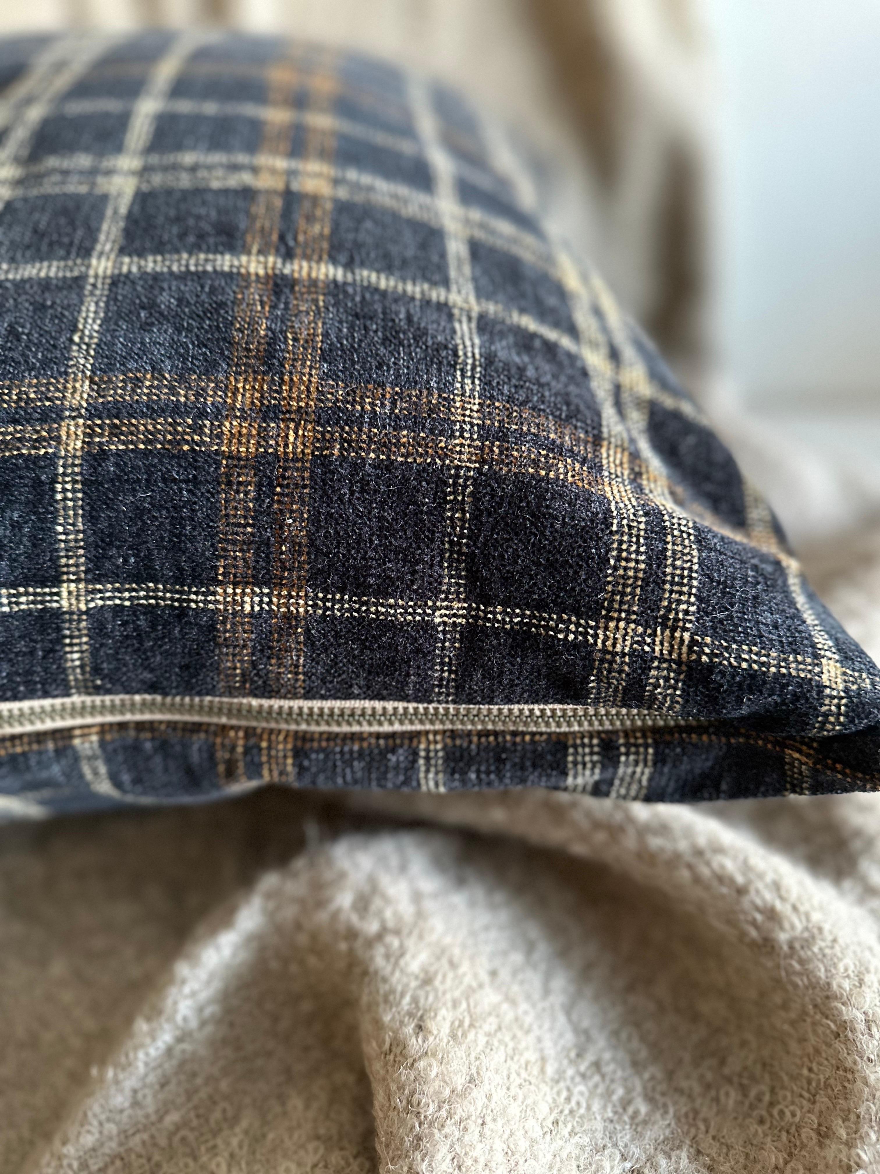 Custom Made Plaid Chenille Black and Tan Accent Pillow In New Condition For Sale In Brea, CA