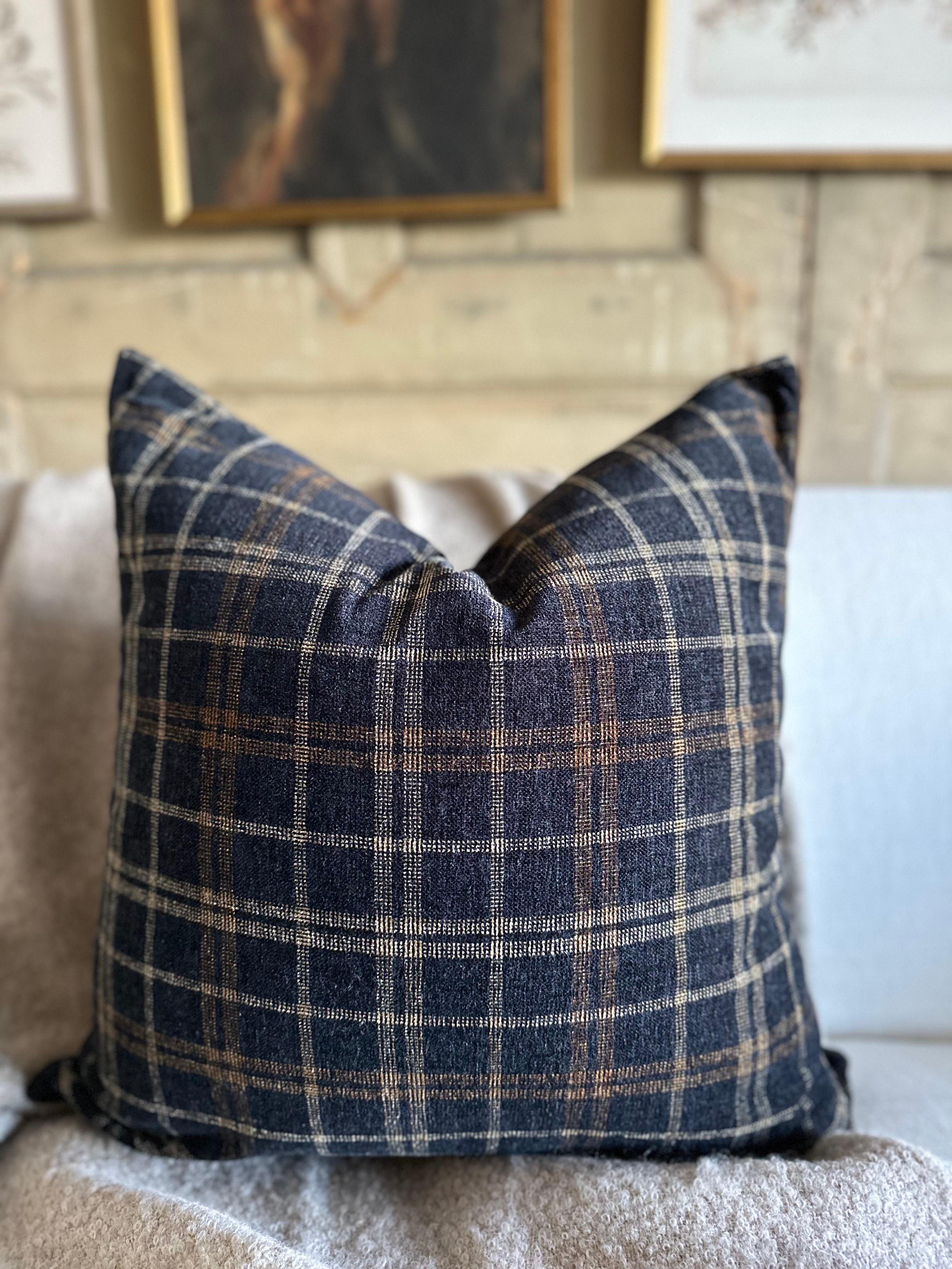 Contemporary Custom Made Plaid Chenille Black and Tan Accent Pillow For Sale