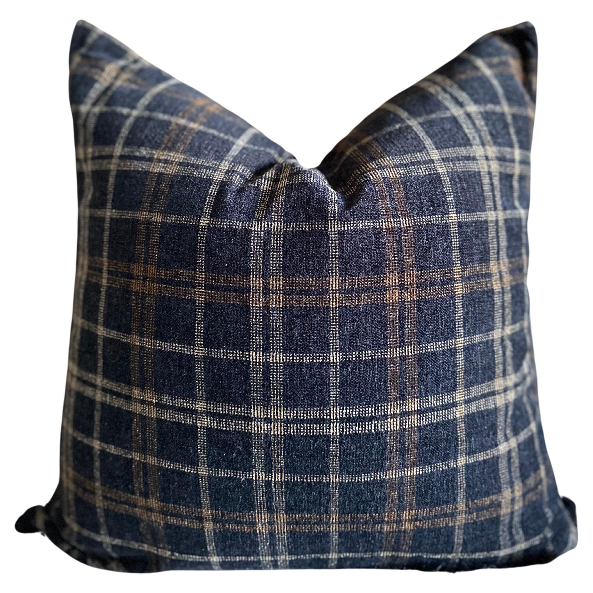 Custom Made Plaid Chenille Black and Tan Accent Pillow For Sale