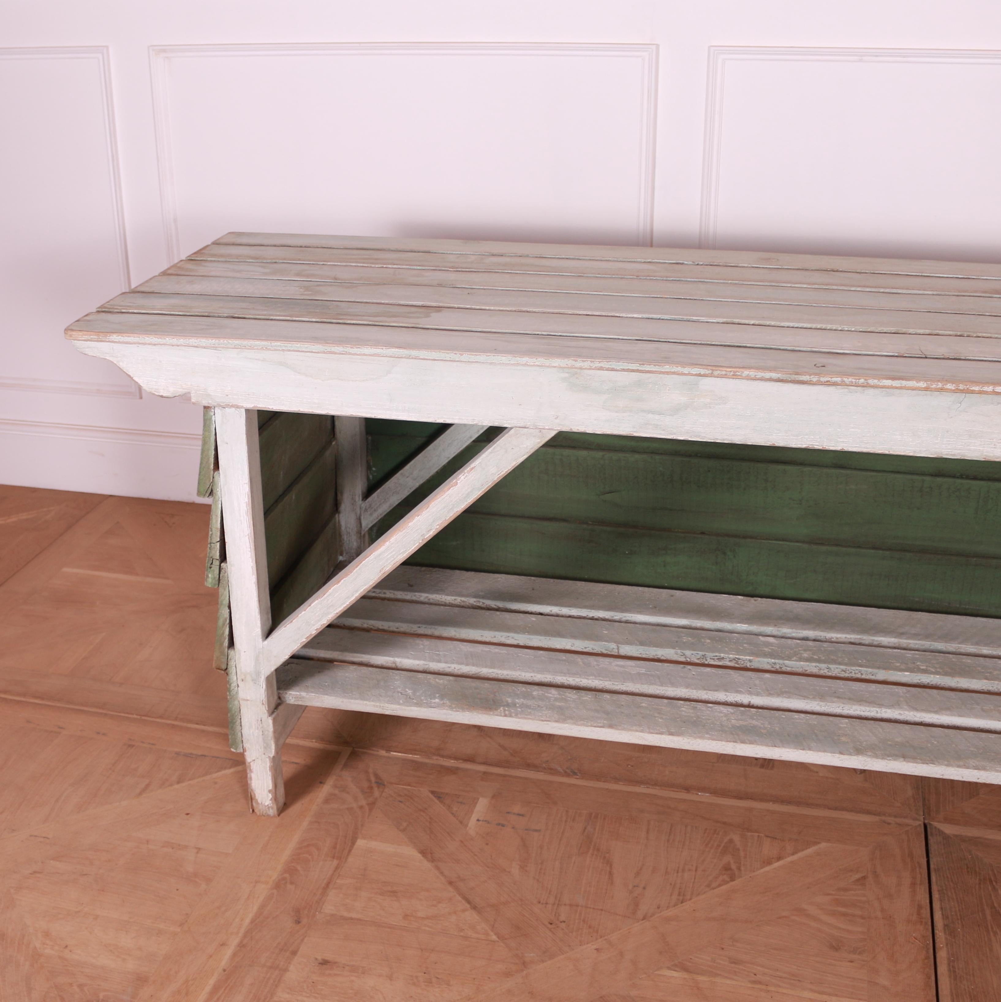 Custom made painted pine potting table. Can be made with drawers or as shown and can be finished to your specific size and colour.

Reference: 7614

Dimensions
81.5 inches (207 cms) Wide
24 inches (61 cms) Deep
31 inches (79 cms) High