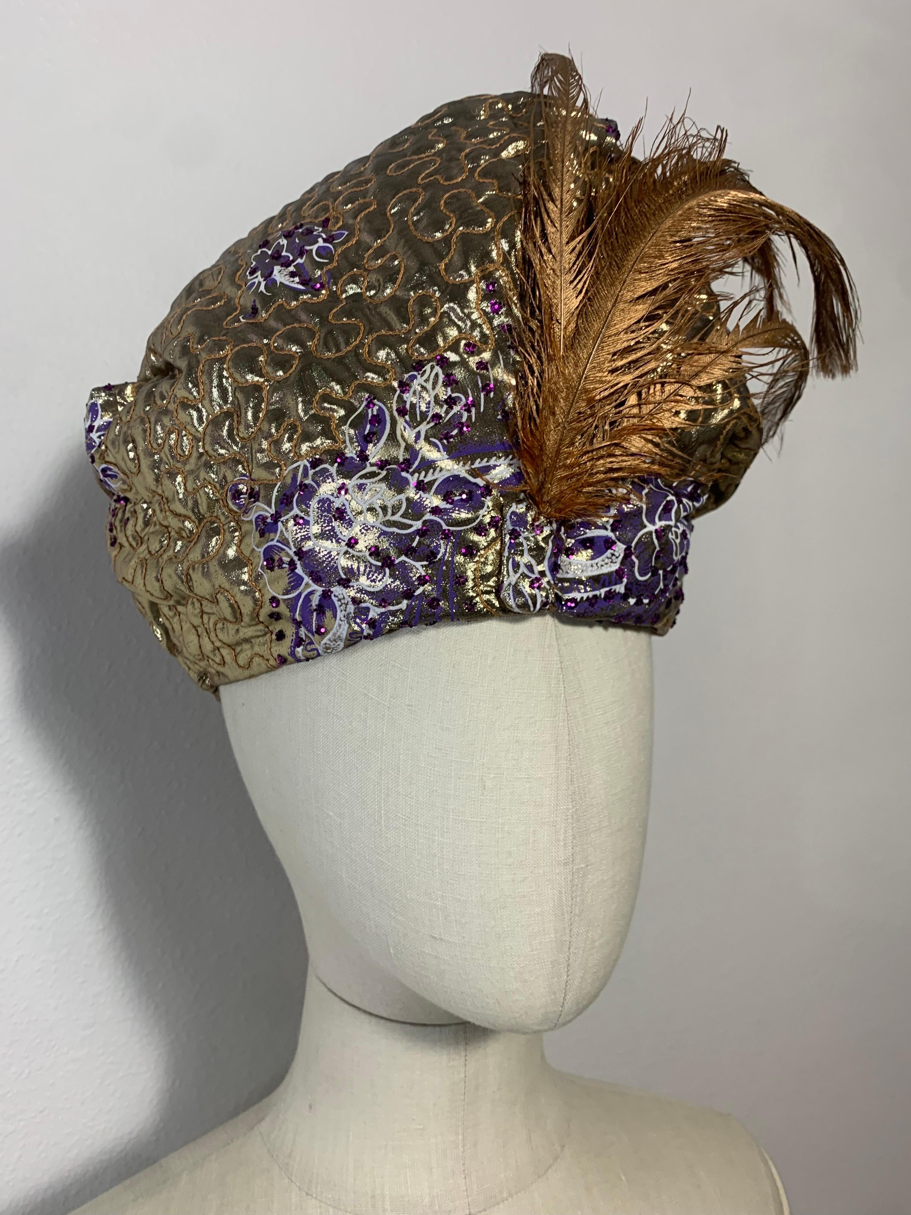 Custom-Made Purple & Gold Lame Matelassé Quilted Turban w Gold Painted Feathers For Sale 5