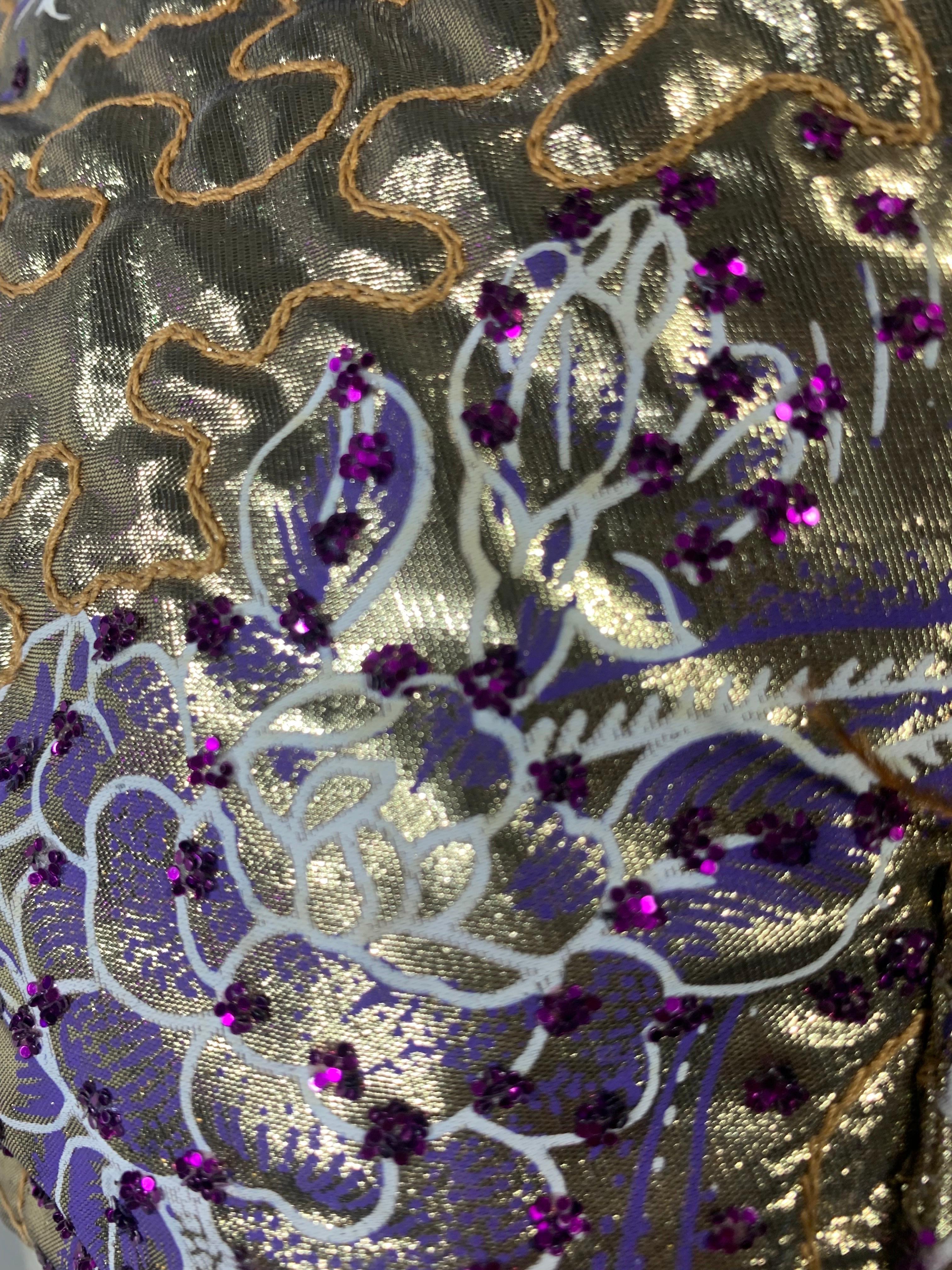 Custom-Made Purple & Gold Lame Matelassé Quilted Turban w Gold Painted Feathers For Sale 6