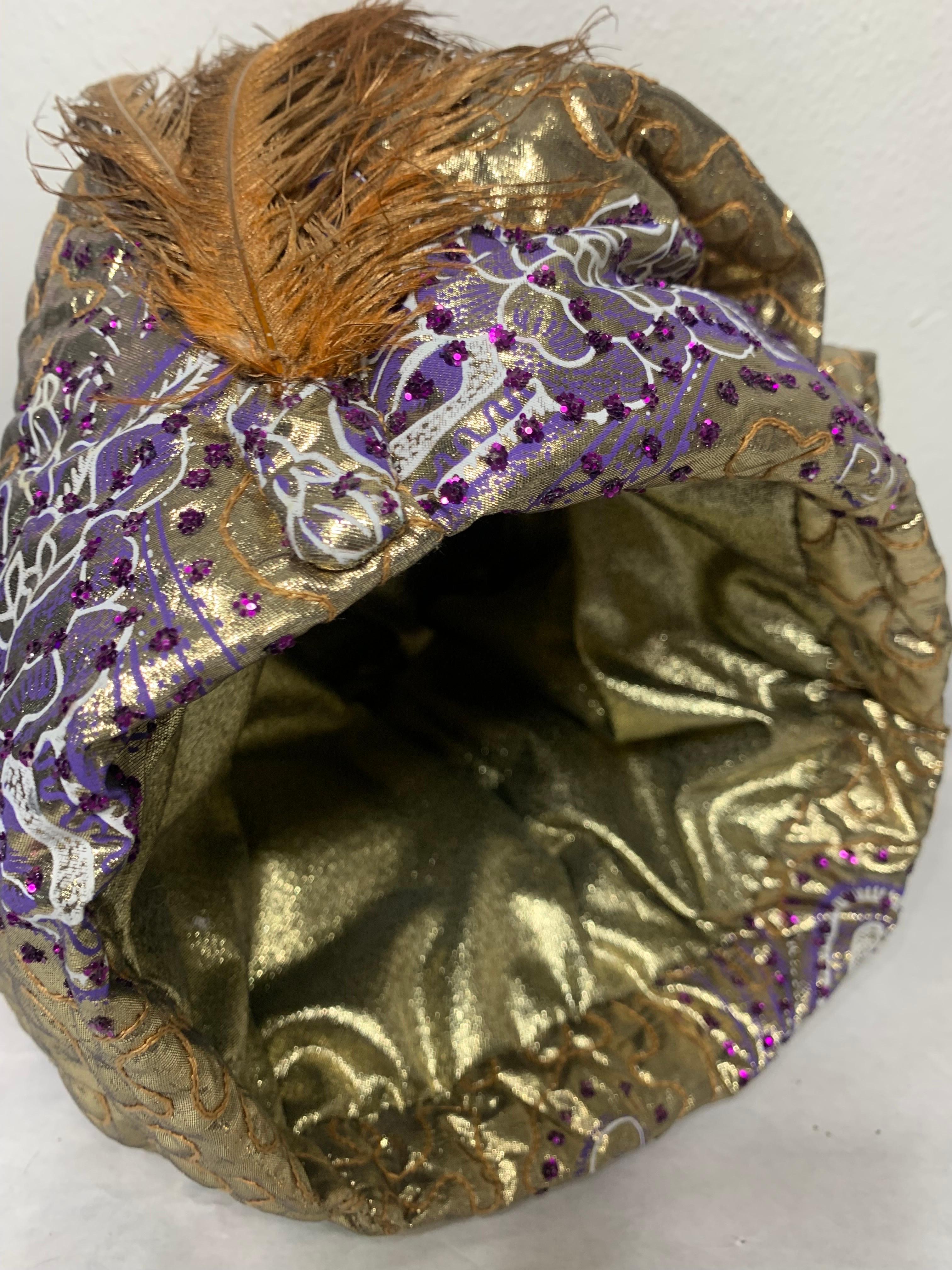 Custom-Made Purple & Gold Lame Matelassé Quilted Turban w Gold Painted Feathers For Sale 7