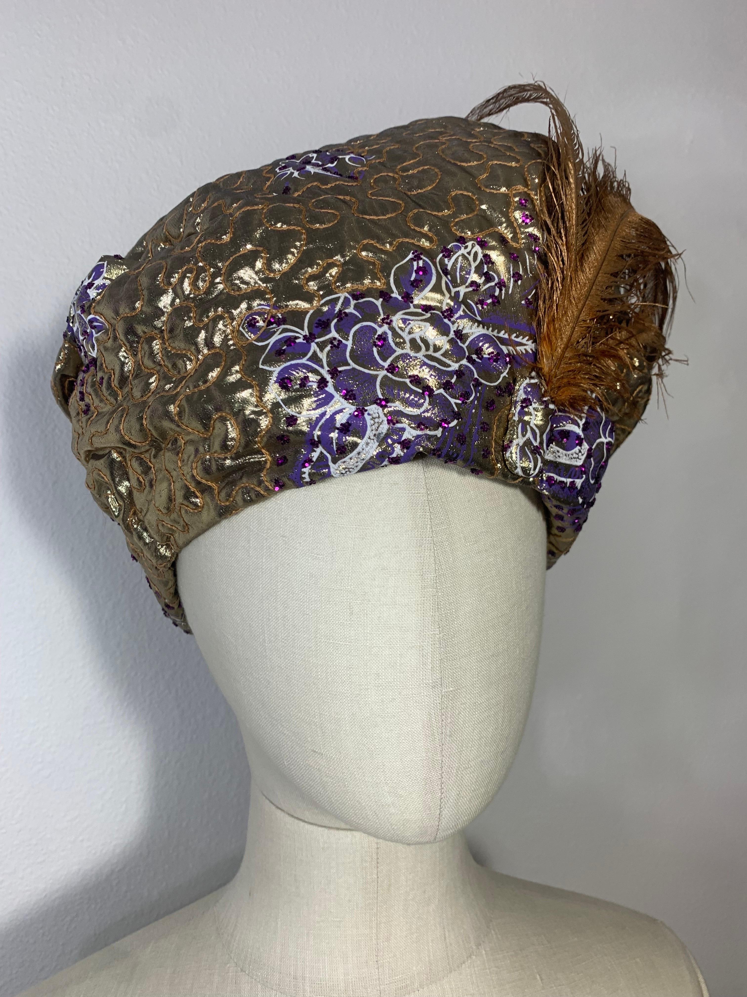 Gray Custom-Made Purple & Gold Lame Matelassé Quilted Turban w Gold Painted Feathers For Sale