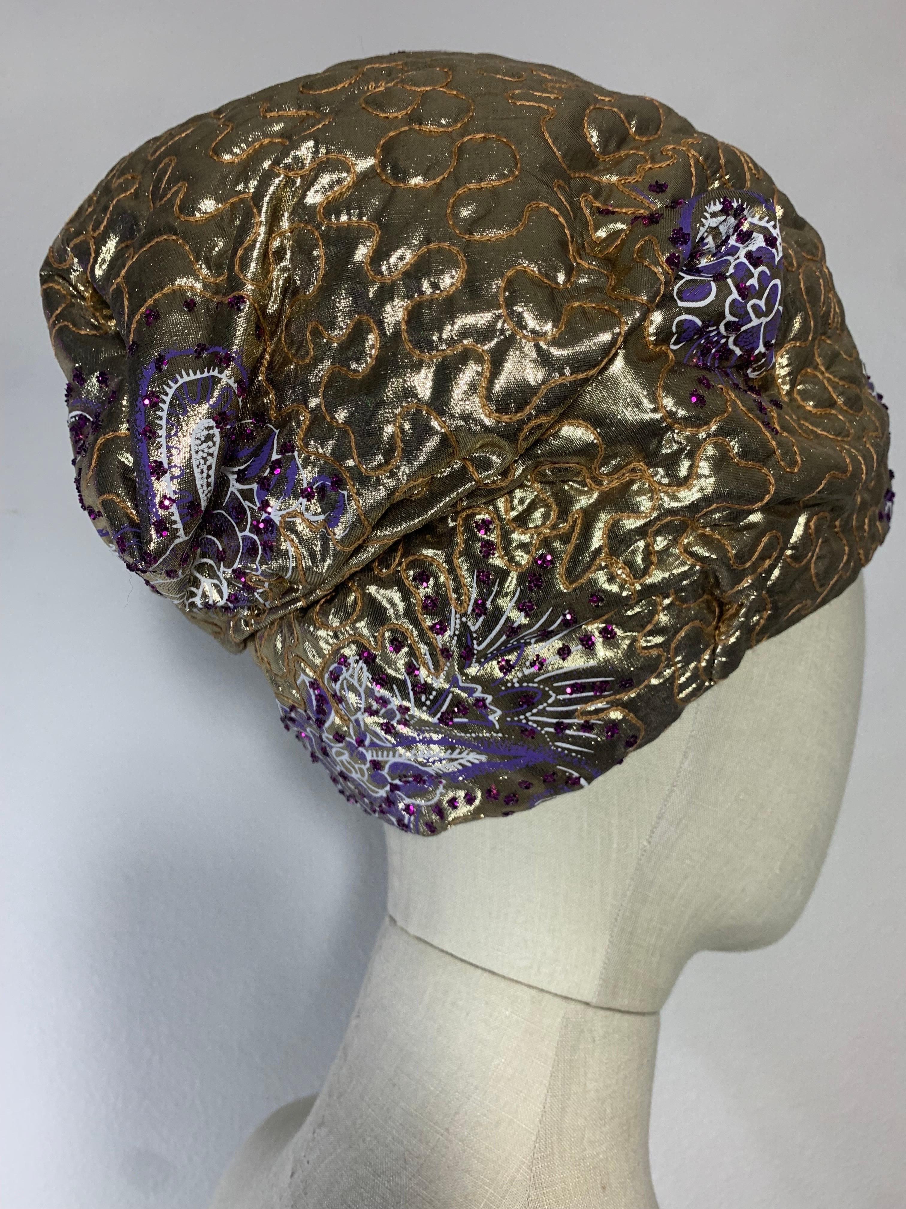 Custom-Made Purple & Gold Lame Matelassé Quilted Turban w Gold Painted Feathers In Excellent Condition For Sale In Gresham, OR