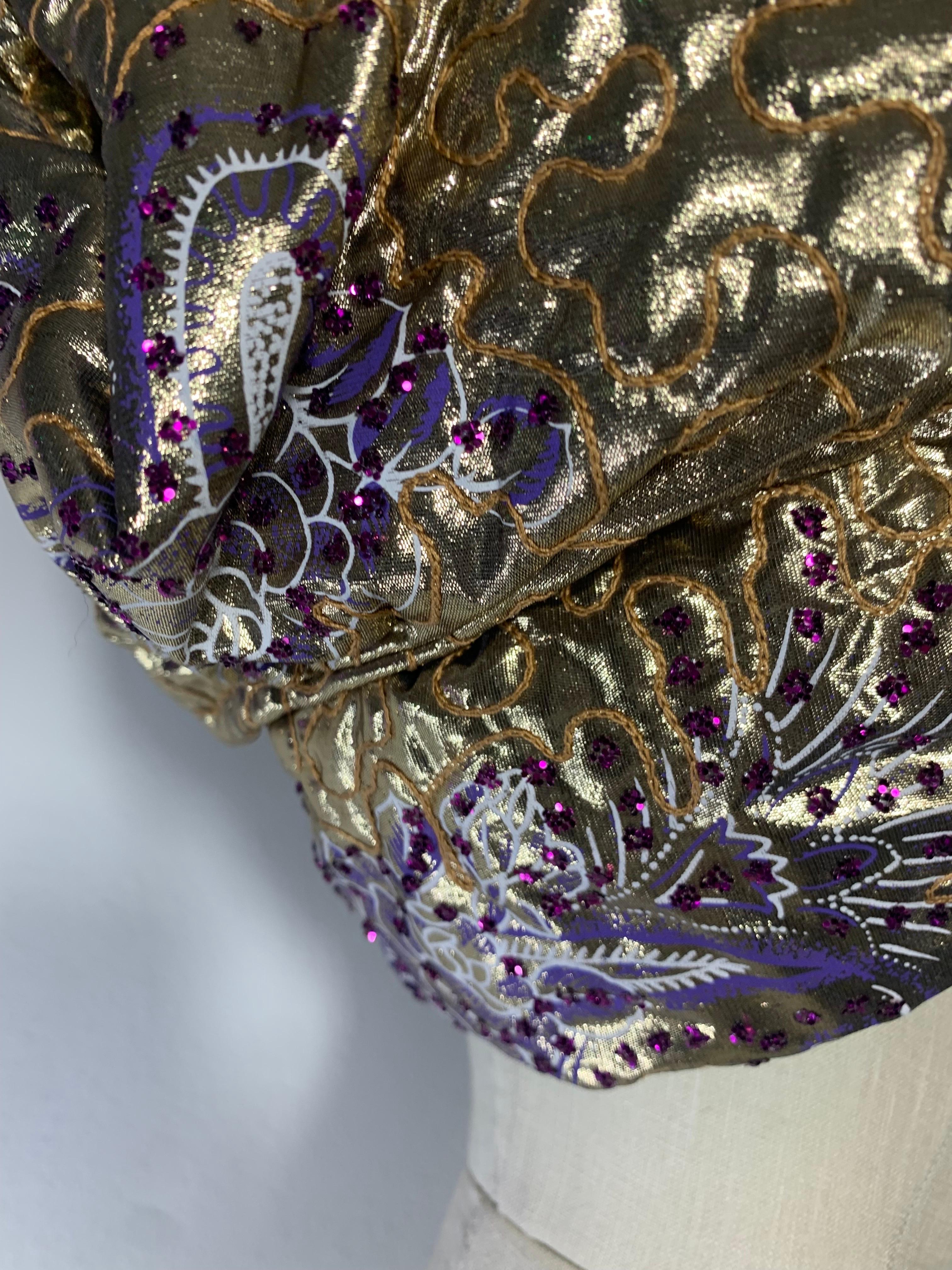Women's or Men's Custom-Made Purple & Gold Lame Matelassé Quilted Turban w Gold Painted Feathers For Sale