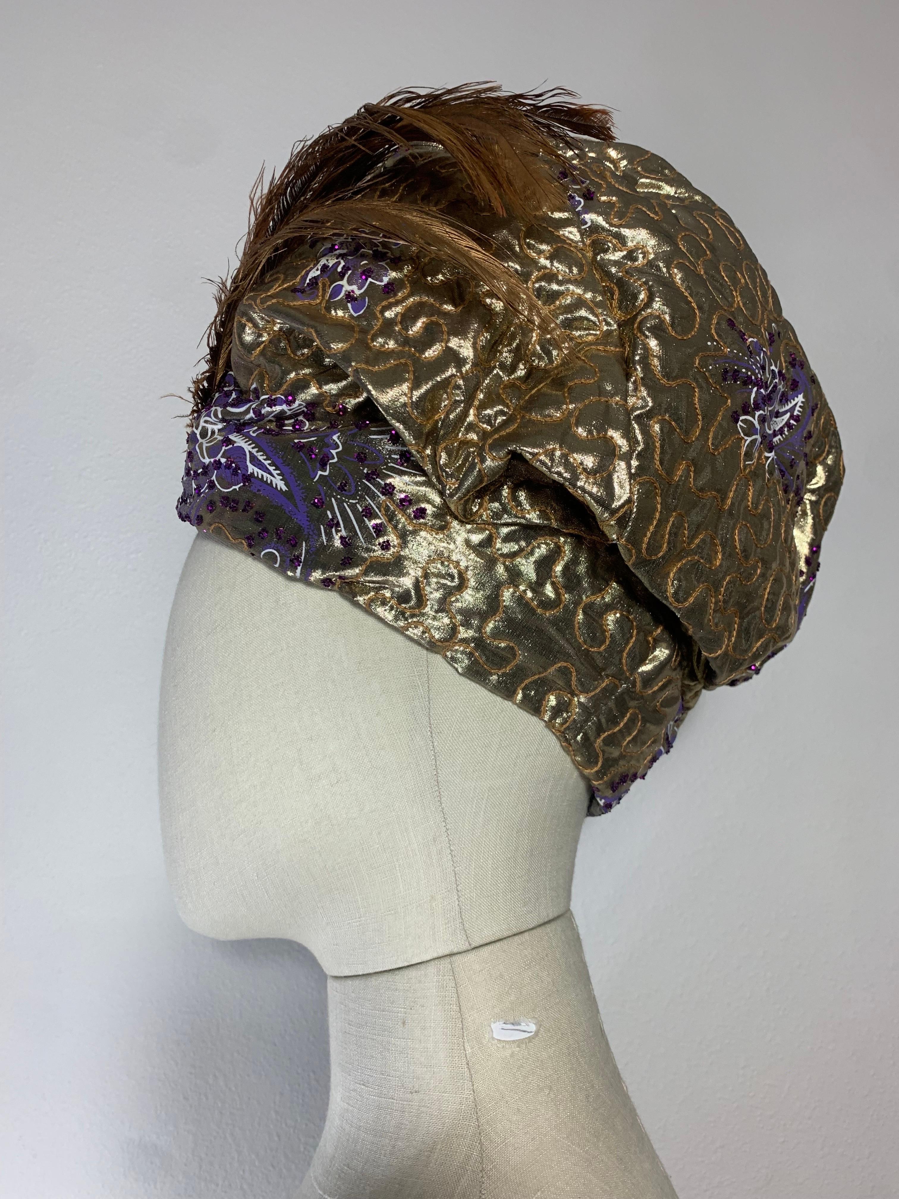 Custom-Made Purple & Gold Lame Matelassé Quilted Turban w Gold Painted Feathers For Sale 1