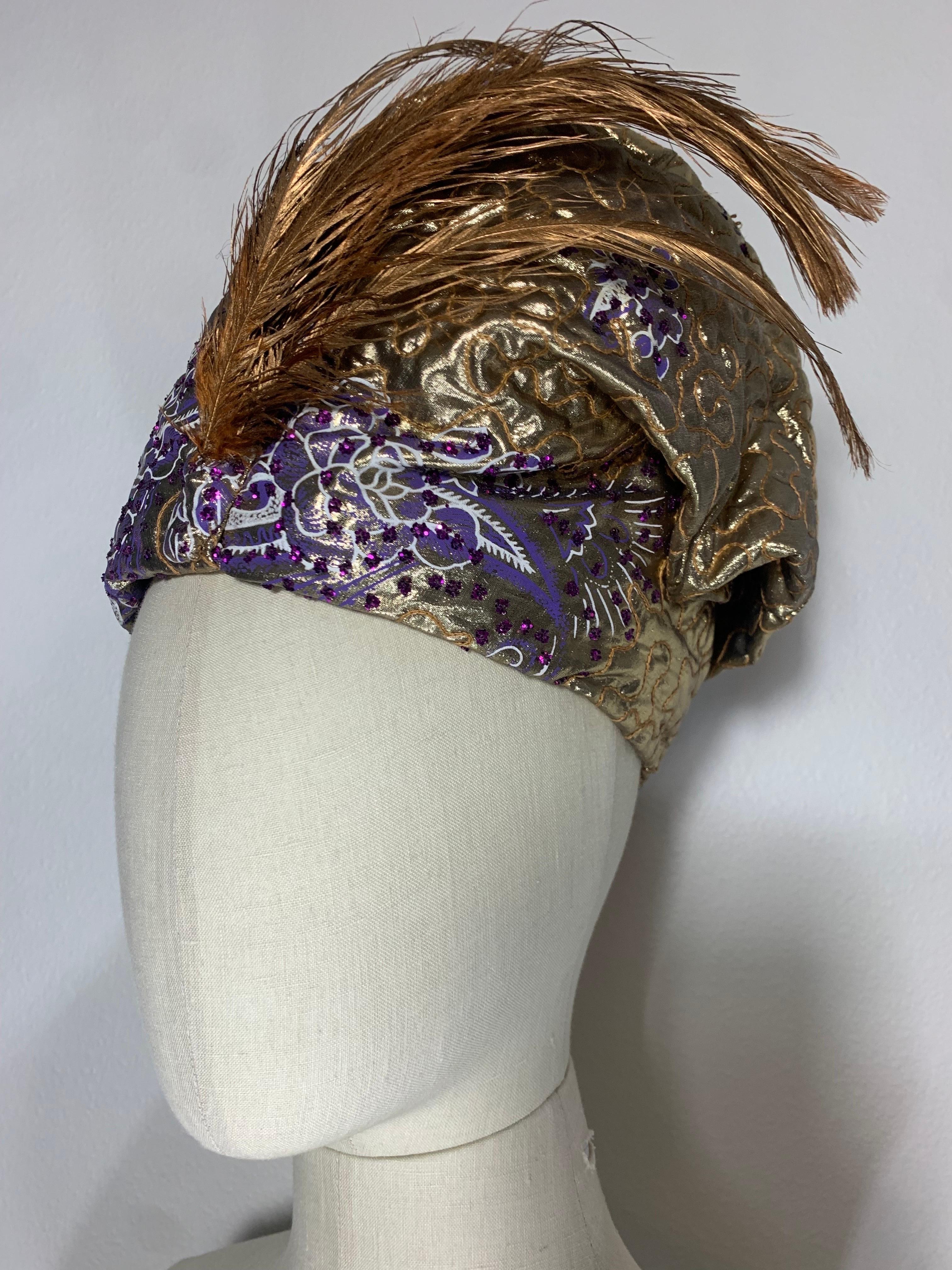 Custom-Made Purple & Gold Lame Matelassé Quilted Turban w Gold Painted Feathers For Sale 2