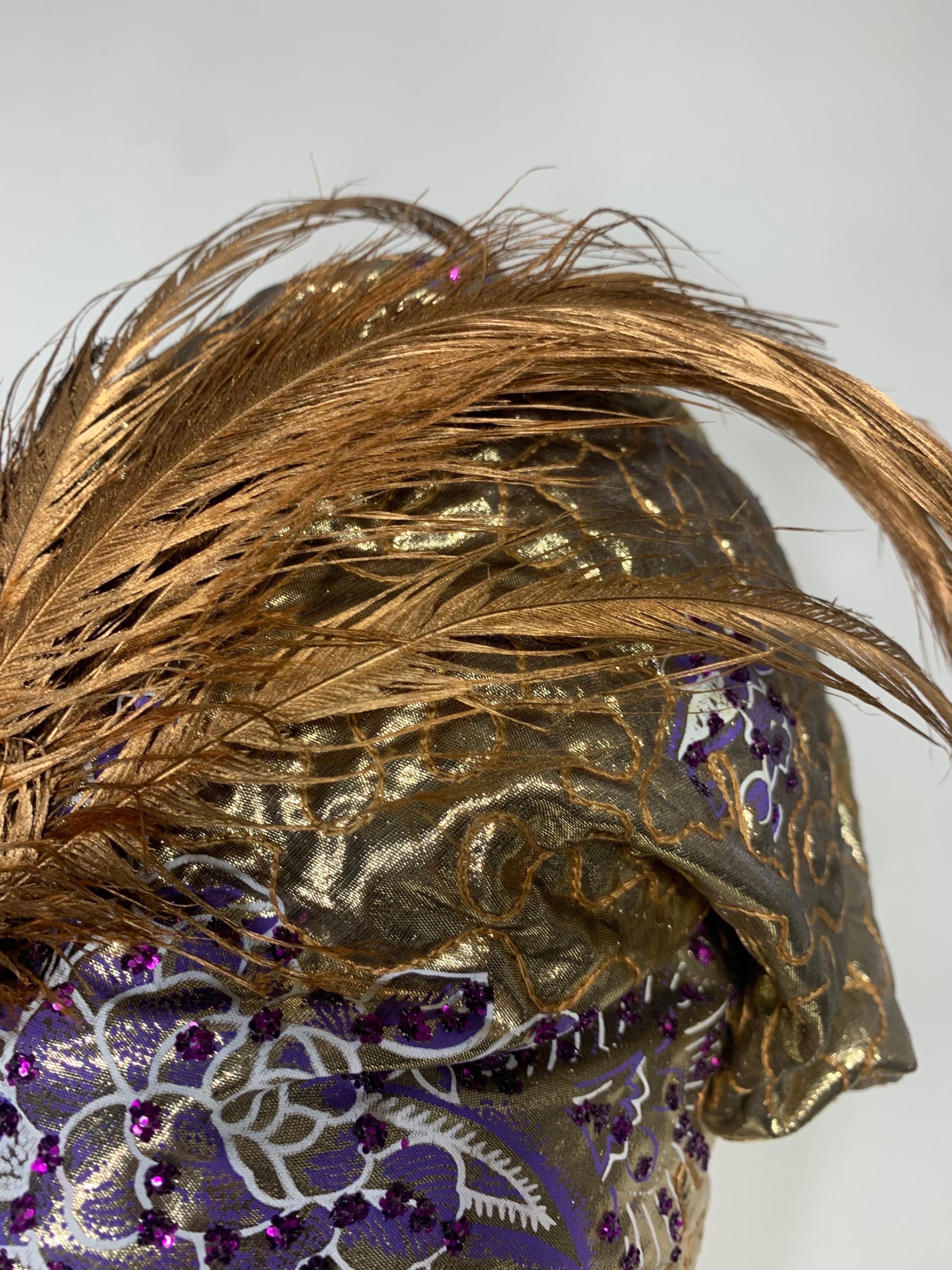 Custom-Made Purple & Gold Lame Matelassé Quilted Turban w Gold Painted Feathers For Sale 3