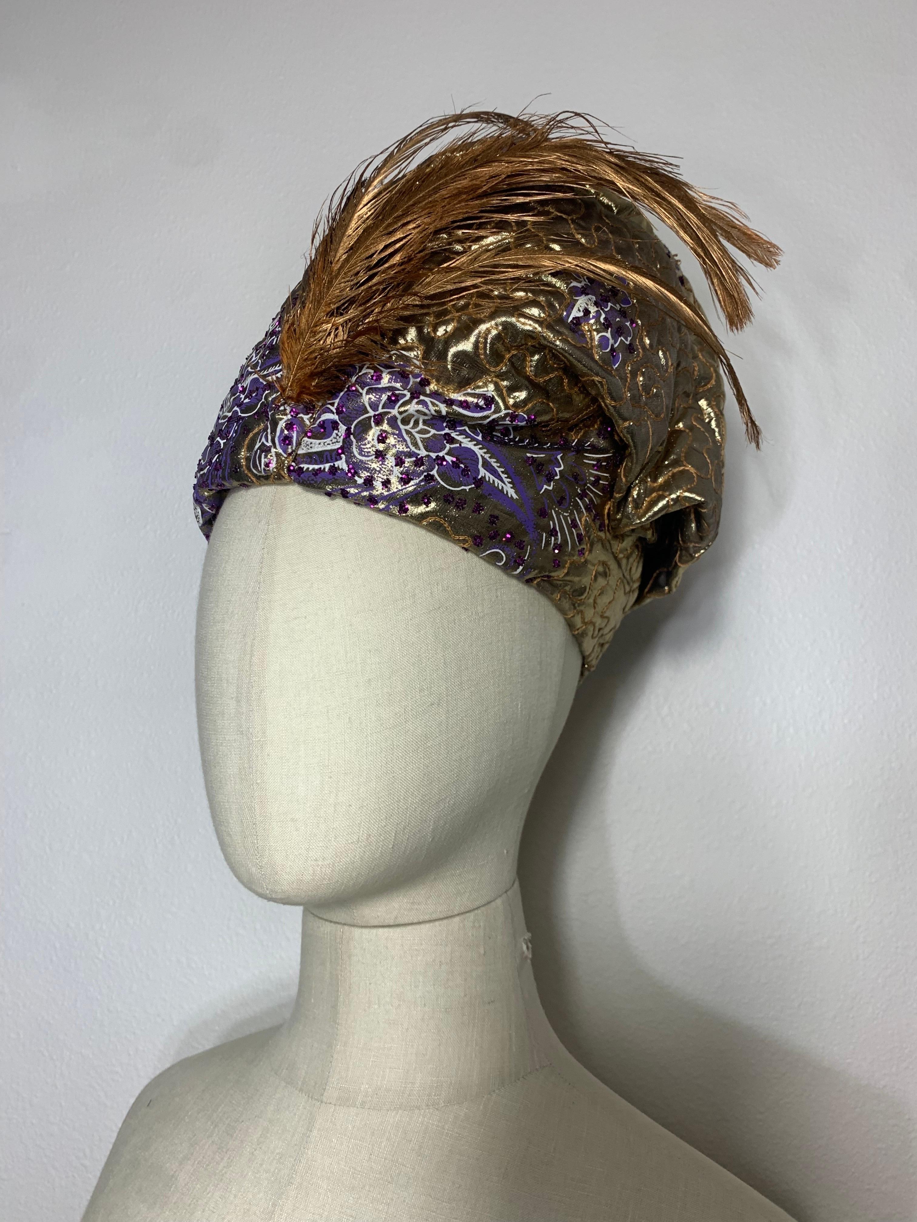 Custom-Made Purple & Gold Lame Matelassé Quilted Turban w Gold Painted Feathers For Sale 4
