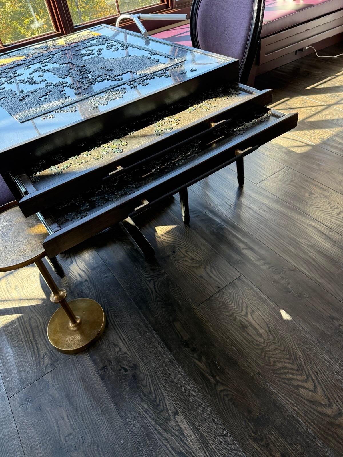 Lacquered Custom Made Puzzle Table in Black Lacquer with Drawers in the Style of Art Deco For Sale