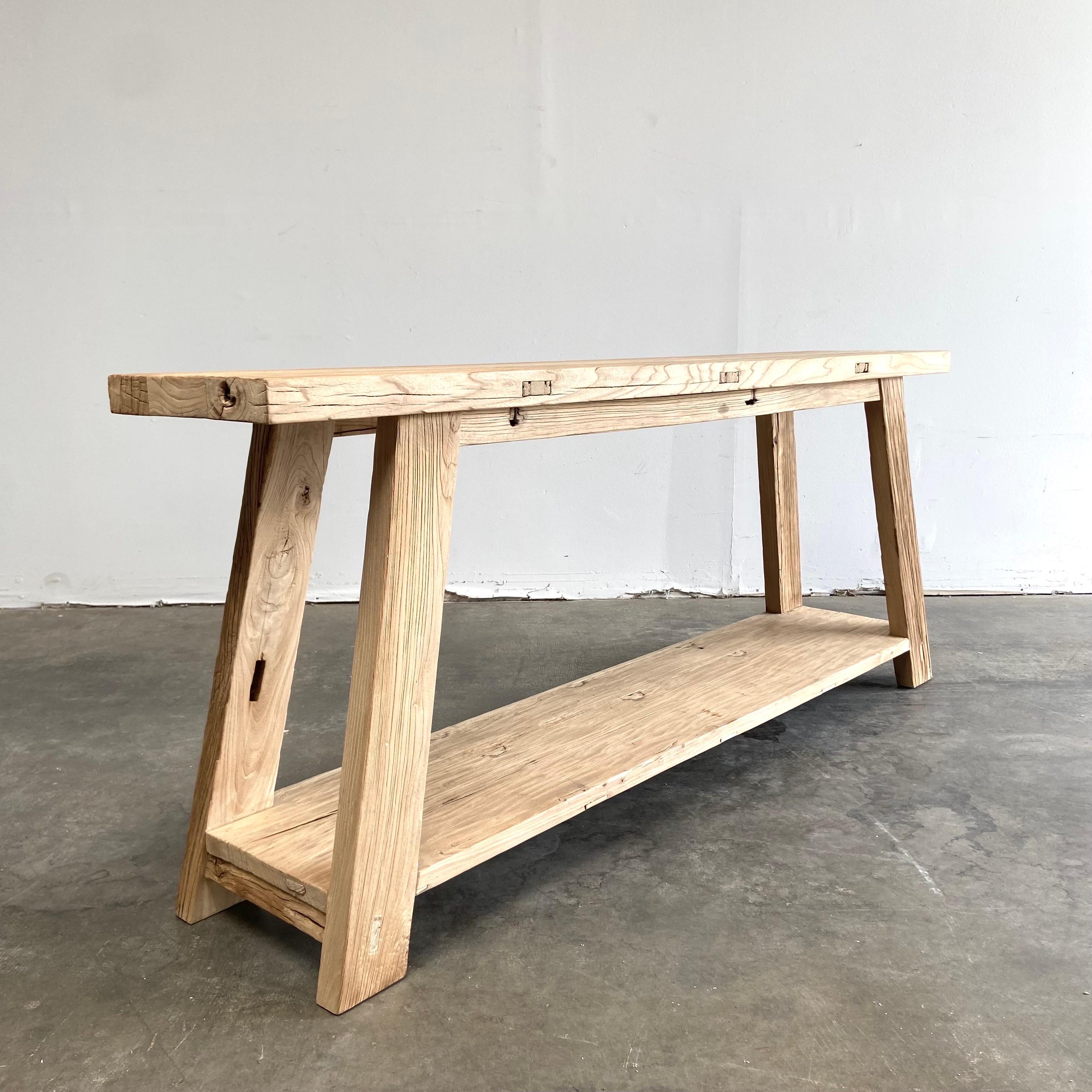 Custom made by bloom home inc, these beautiful console tables are available for immediate shipping. 
Beautiful grain elm wood, made from reclaimed timbers. Only a few available. Custom size also available, please inquire for lead times.
Elm