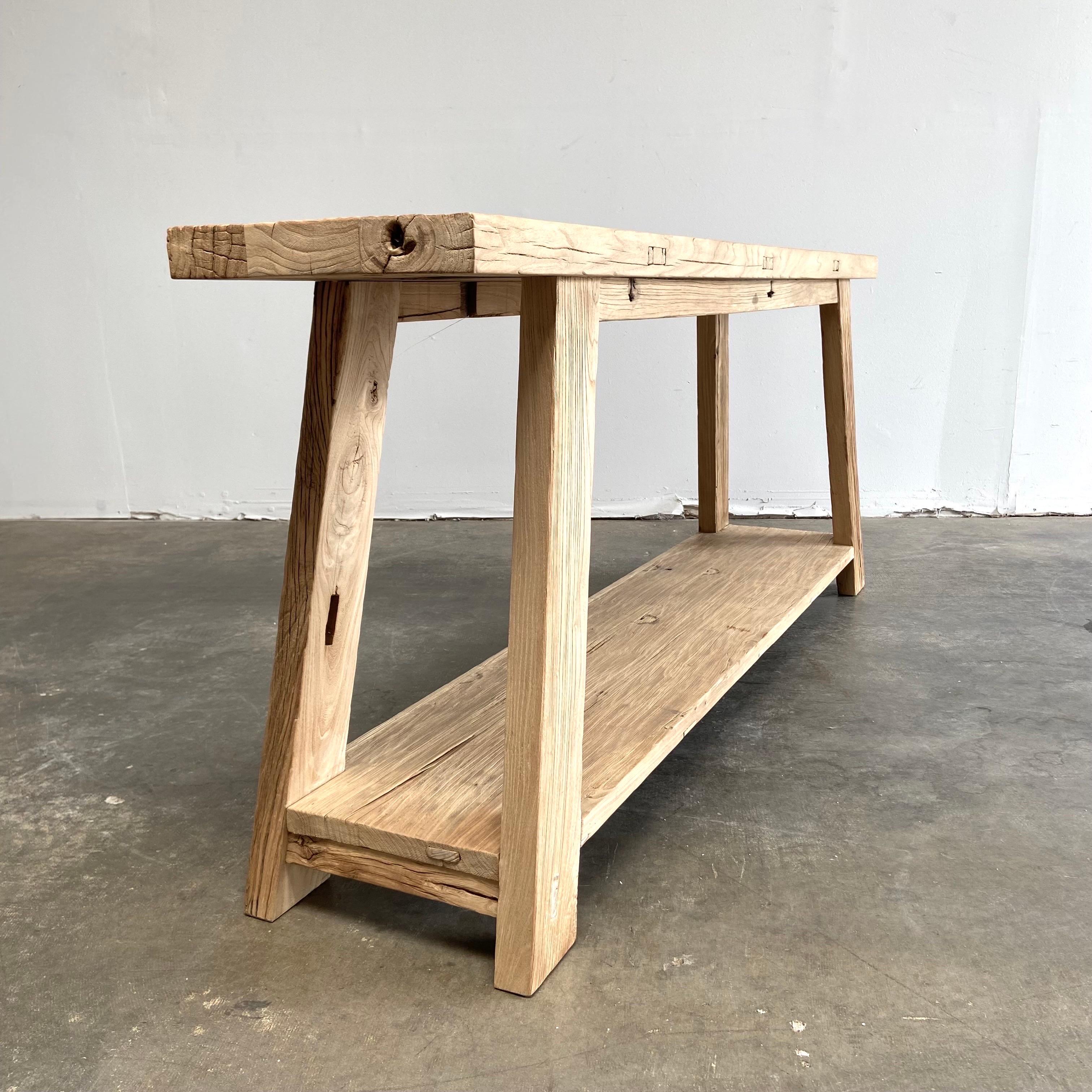 Custom Made Reclaimed Elm Wood Console Table with Low Shelf In Good Condition In Old Town Orange, CA