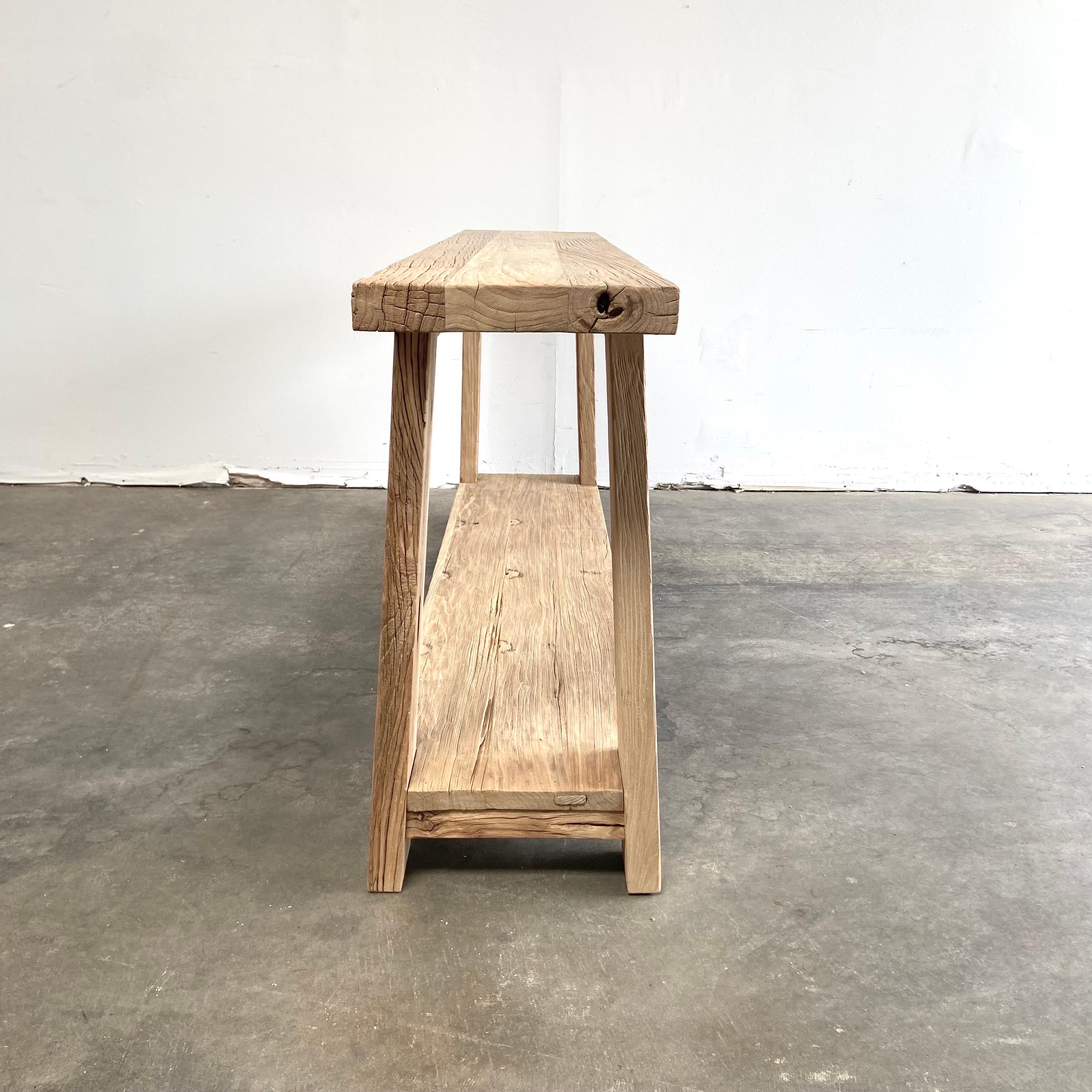 Contemporary Custom Made Reclaimed Elm Wood Console Table with Low Shelf