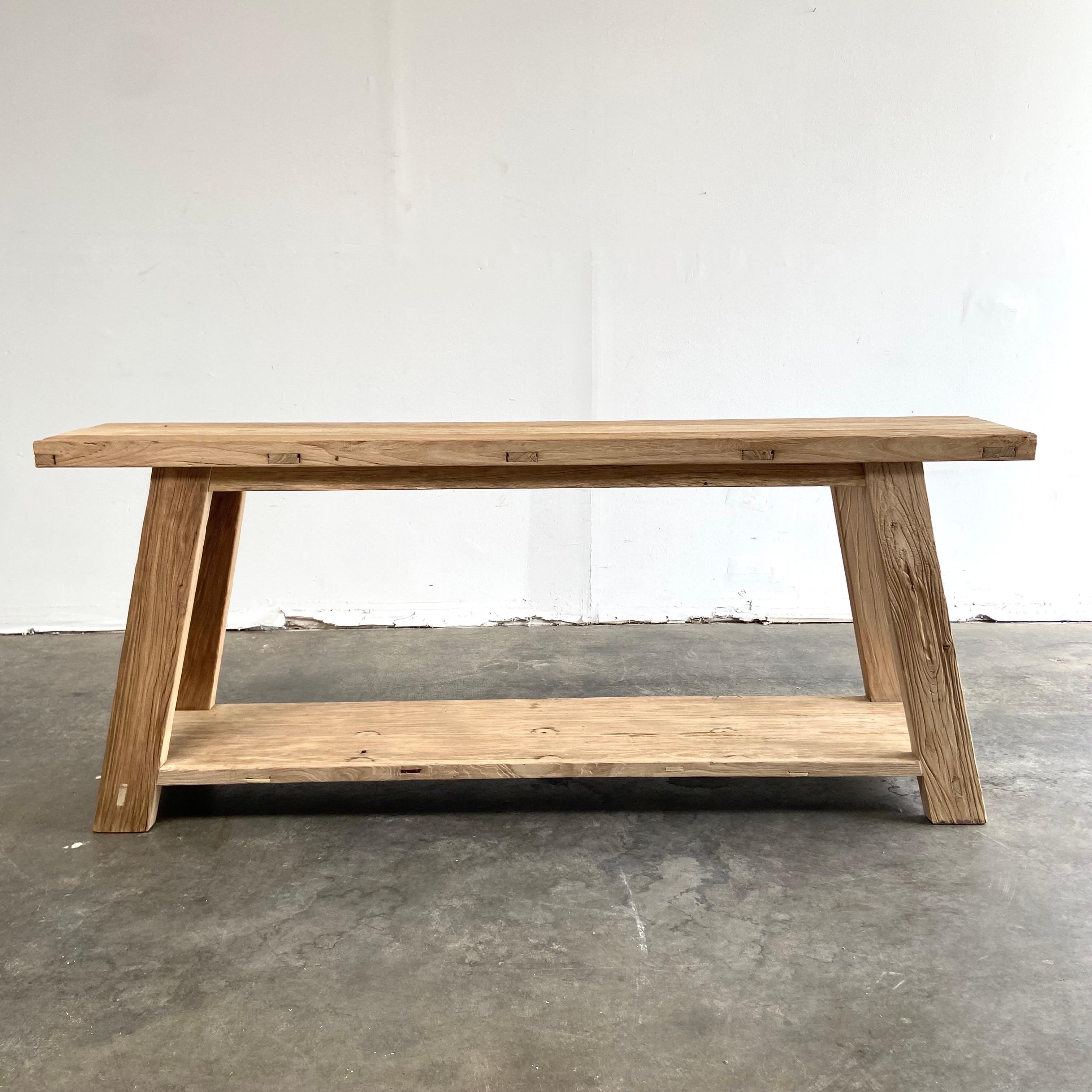Custom Made Reclaimed Elm Wood Console Table with Low Shelf 1