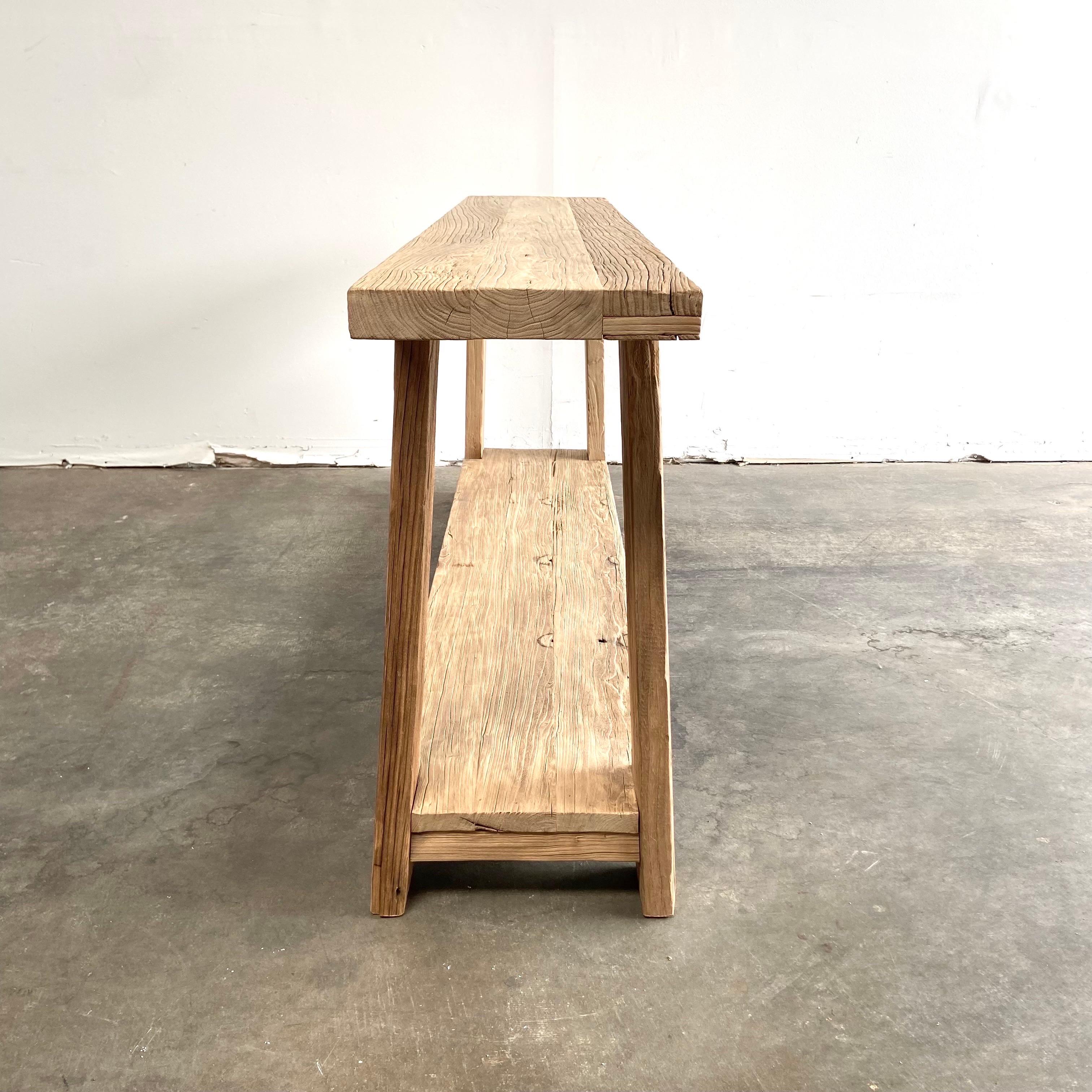 Custom Made Reclaimed Elm Wood Console Table with Low Shelf 3