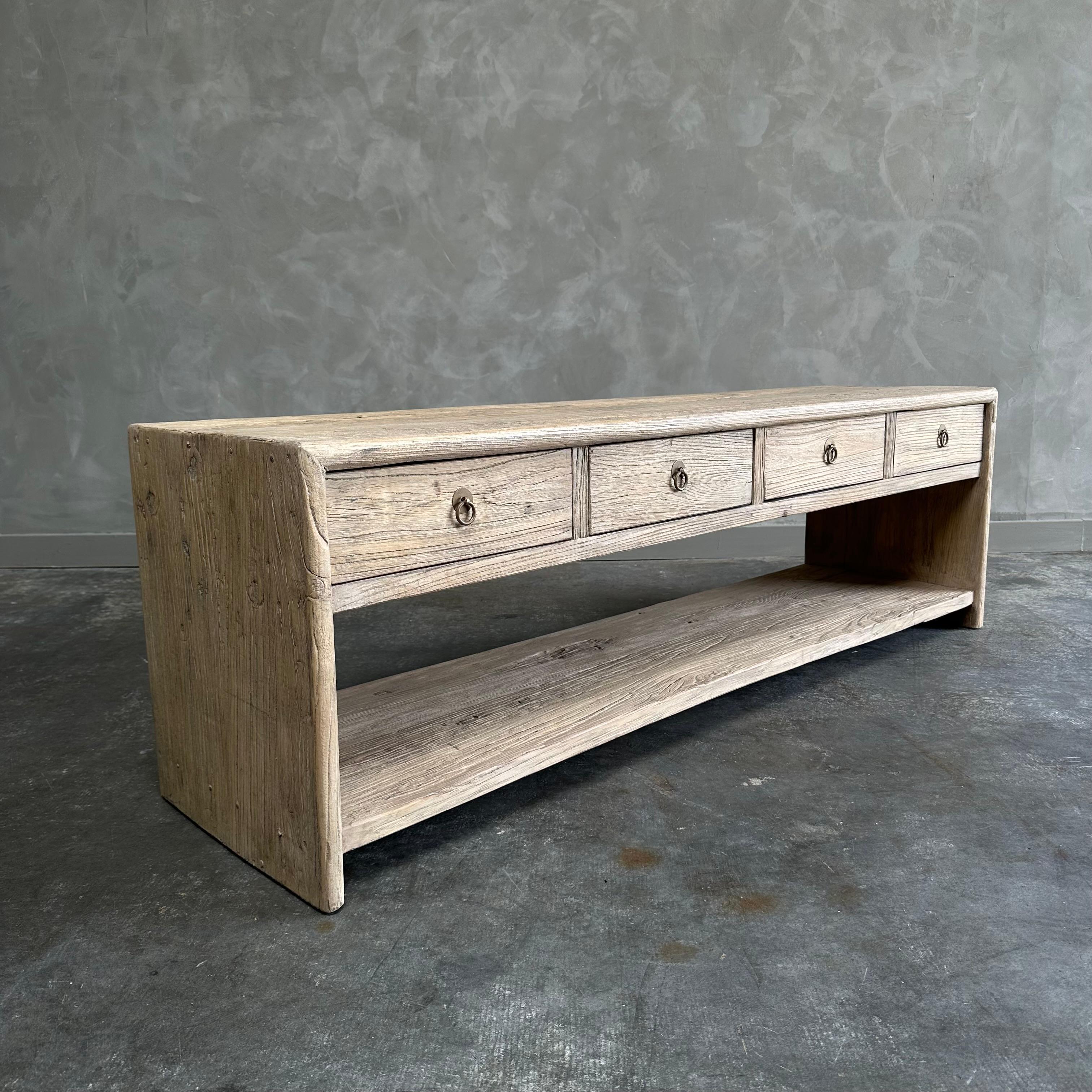 Custom Made Reclaimed Elm Wood Low Console with Drawers In New Condition For Sale In Brea, CA