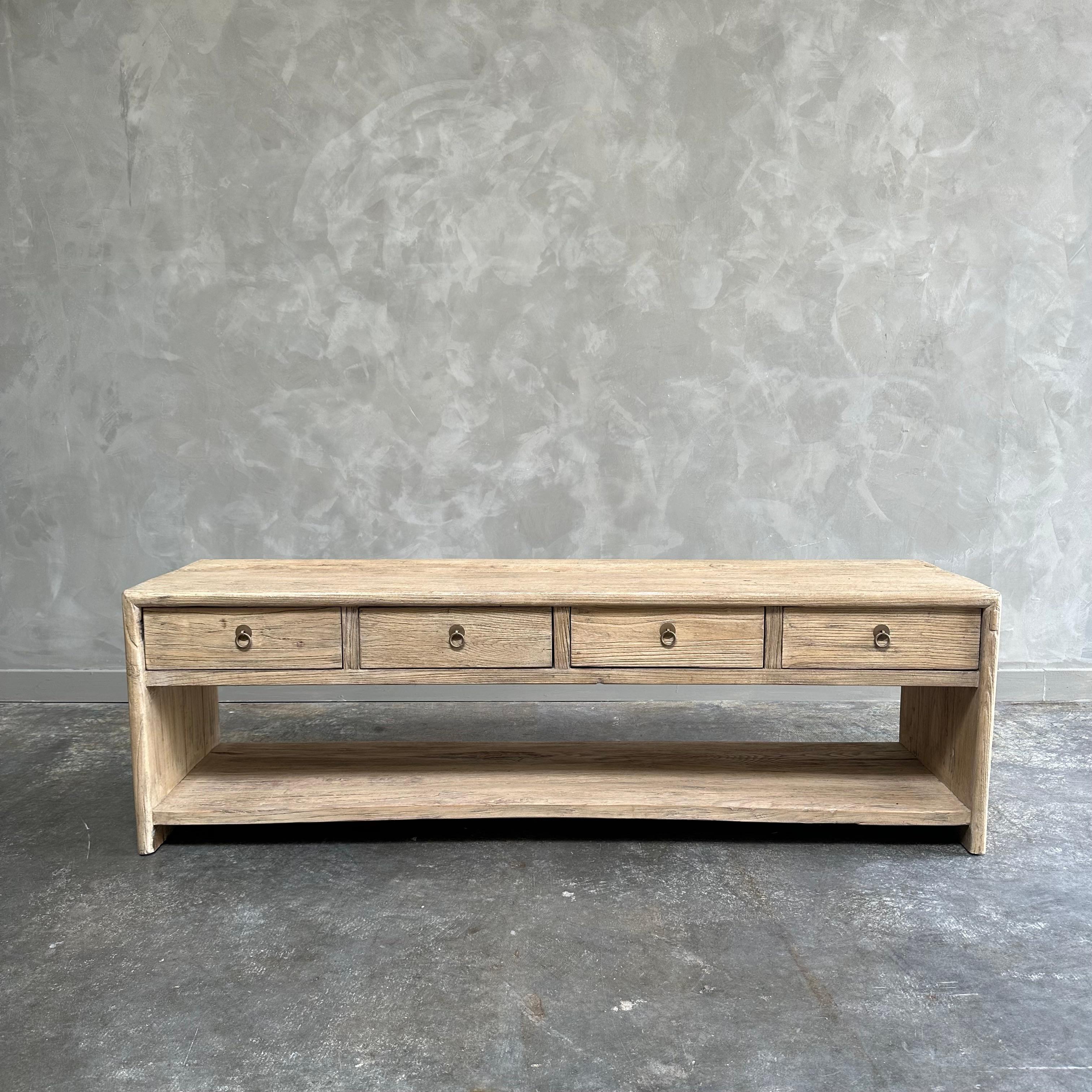 Contemporary Custom Made Reclaimed Elm Wood Low Console with Drawers For Sale