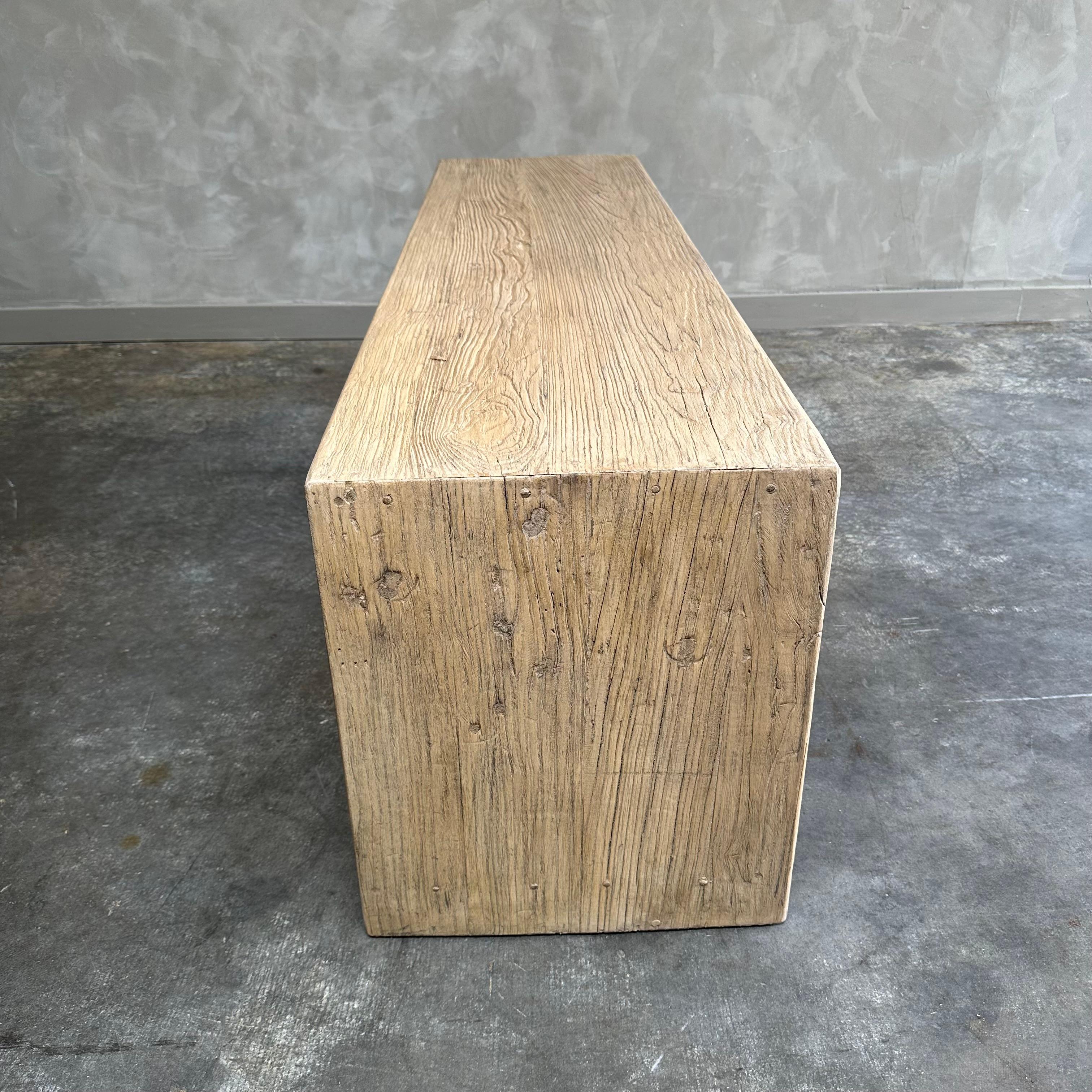 Custom Made Reclaimed Elm Wood Low Console with Drawers For Sale 1