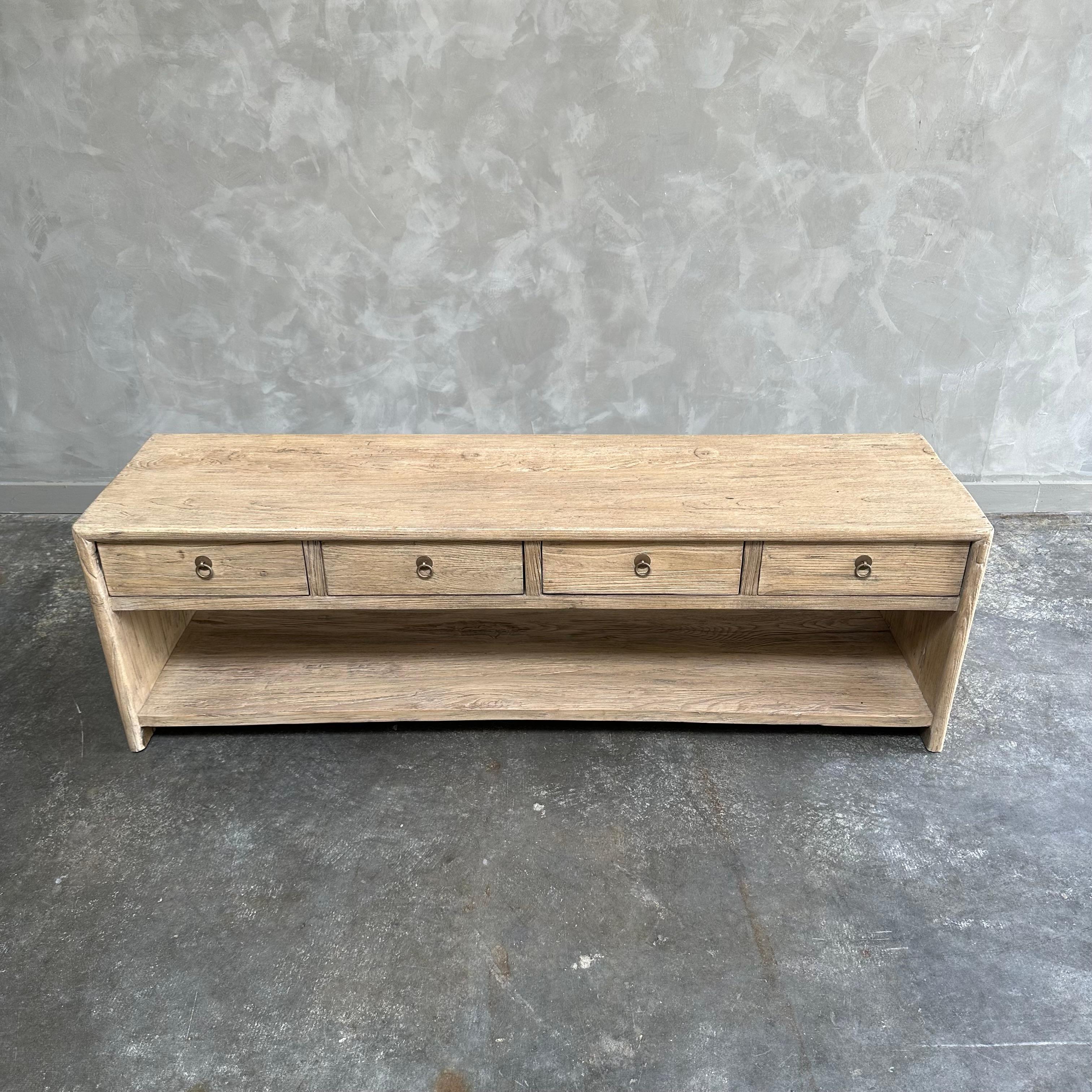 Custom Made Reclaimed Elm Wood Low Console with Drawers For Sale 2