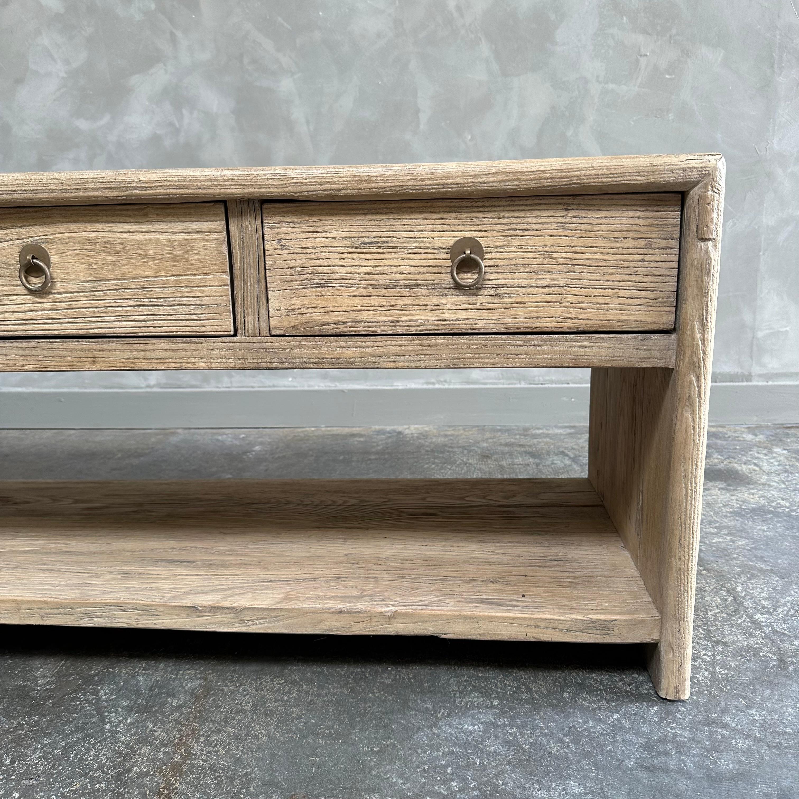 Custom Made Reclaimed Elm Wood Low Console with Drawers For Sale 4
