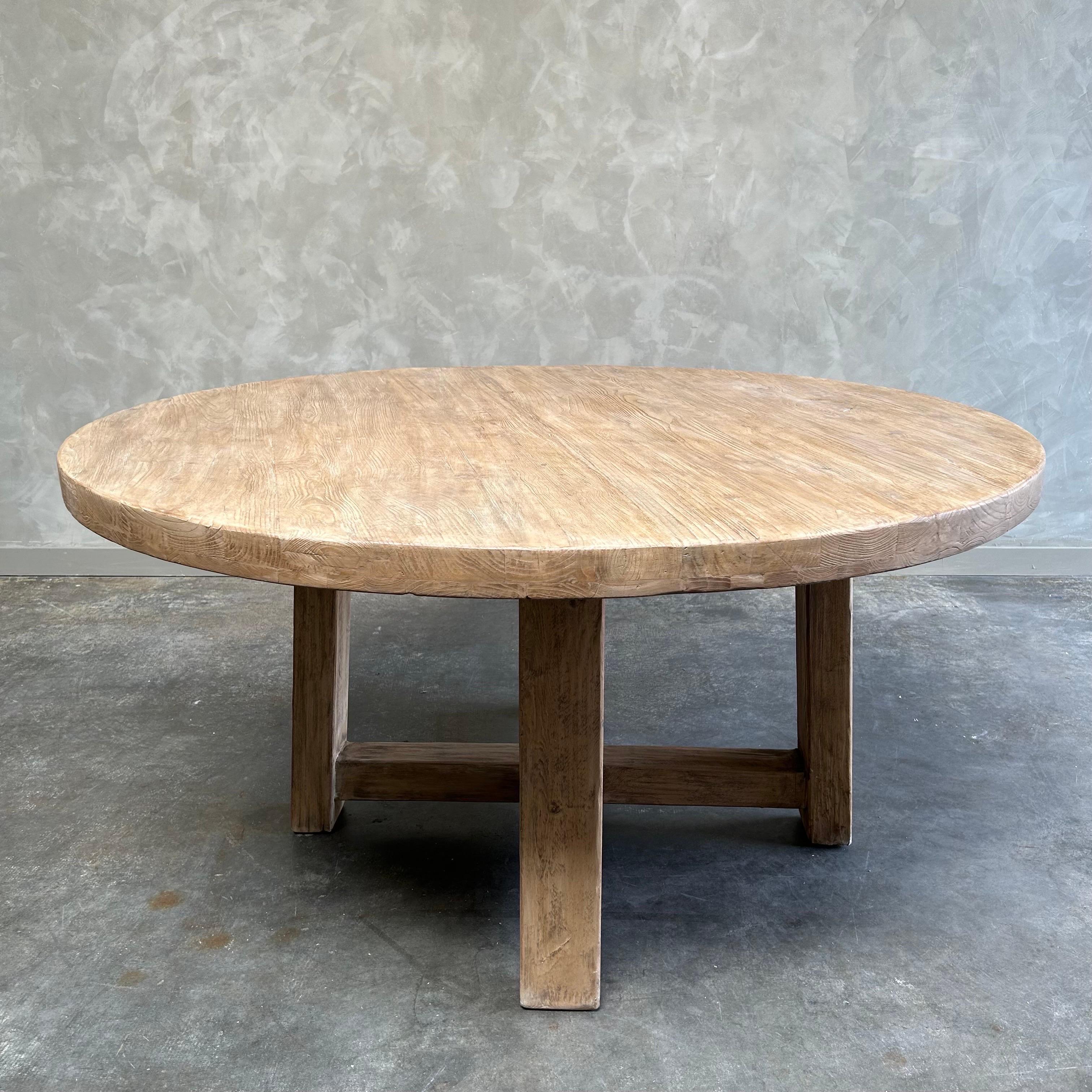 Organic Modern Custom Made Reclaimed Elm Wood Round Dining Table For Sale