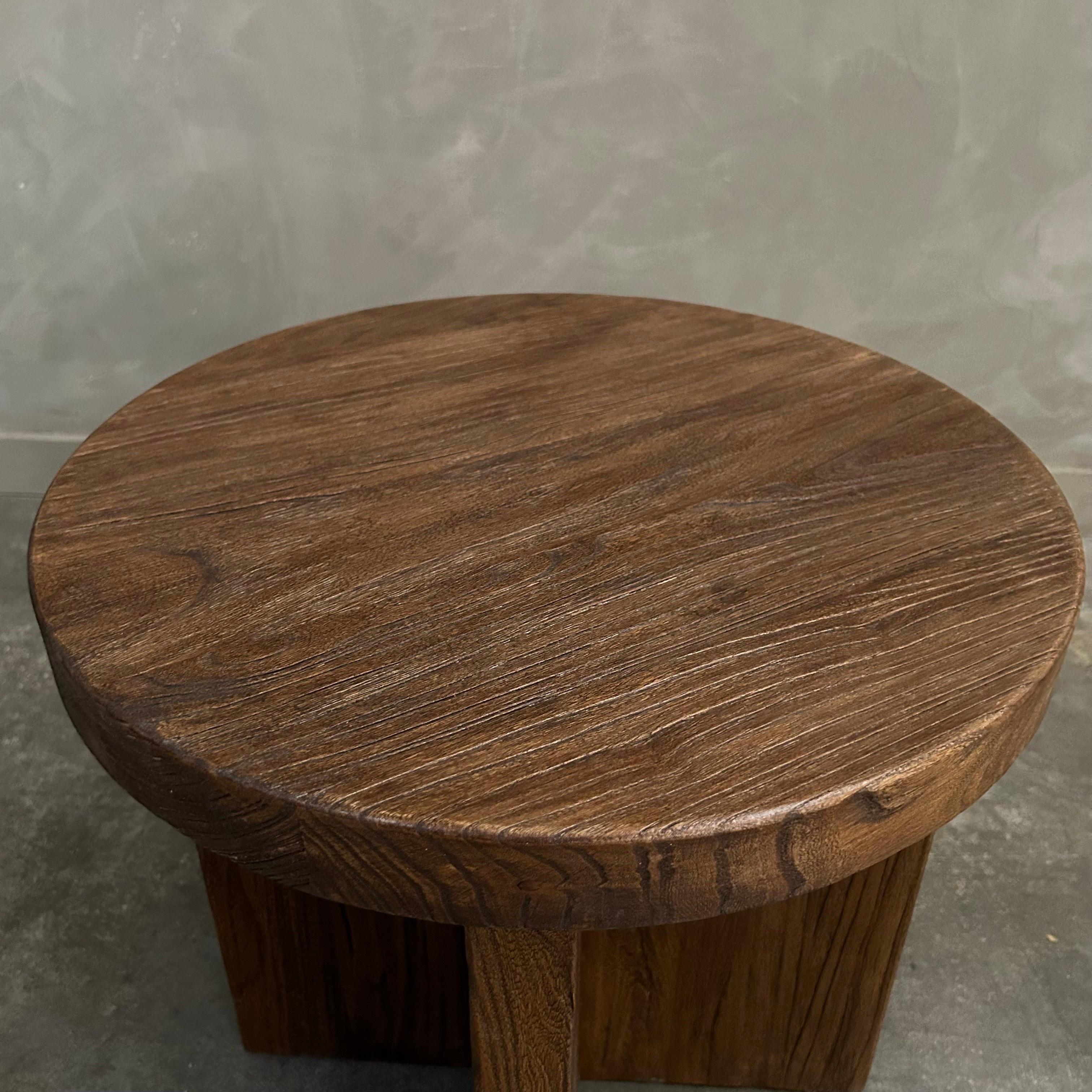 Custom Made Reclaimed Elm Wood Side Table with X Base In New Condition For Sale In Brea, CA