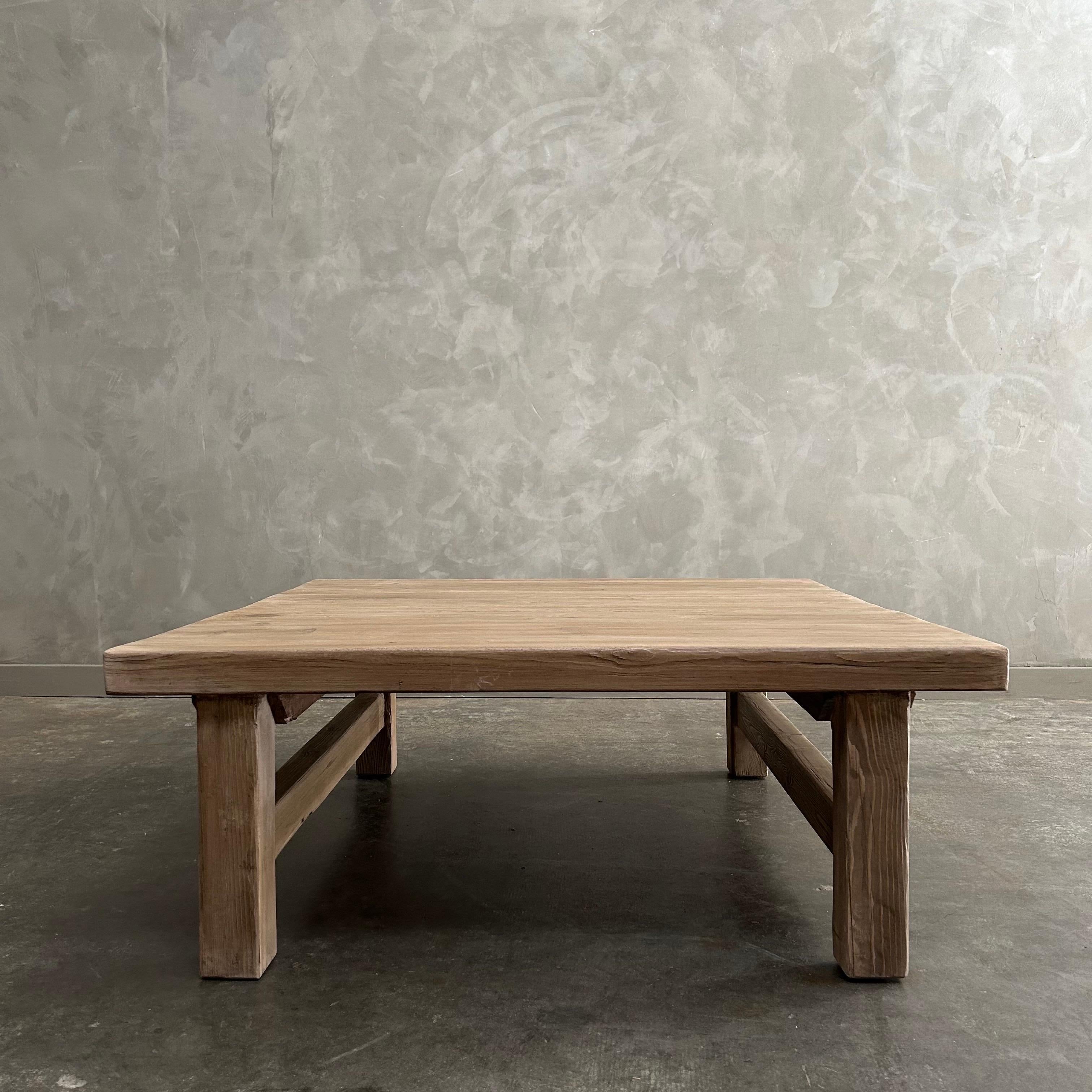 Organic Modern Custom Made Reclaimed Elm Wood Square Coffee Table For Sale