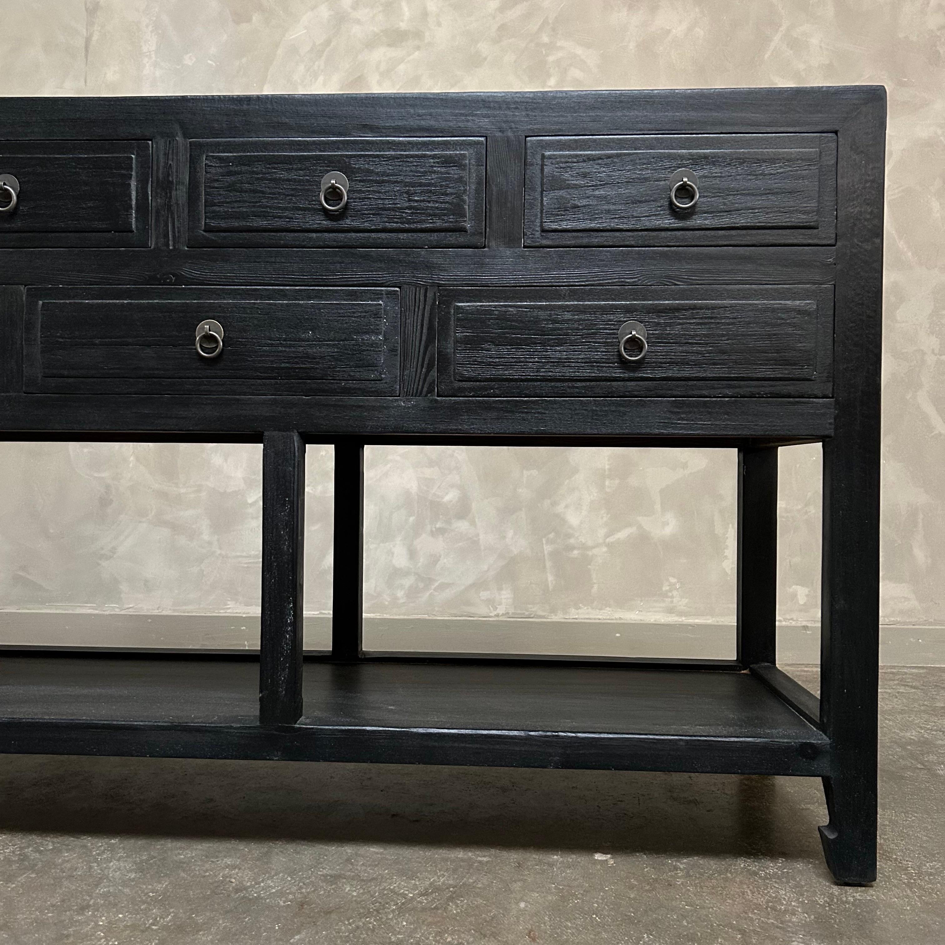 Organic Modern Custom Made Reclaimed Wood Console with Drawers in Black Painted Finish For Sale