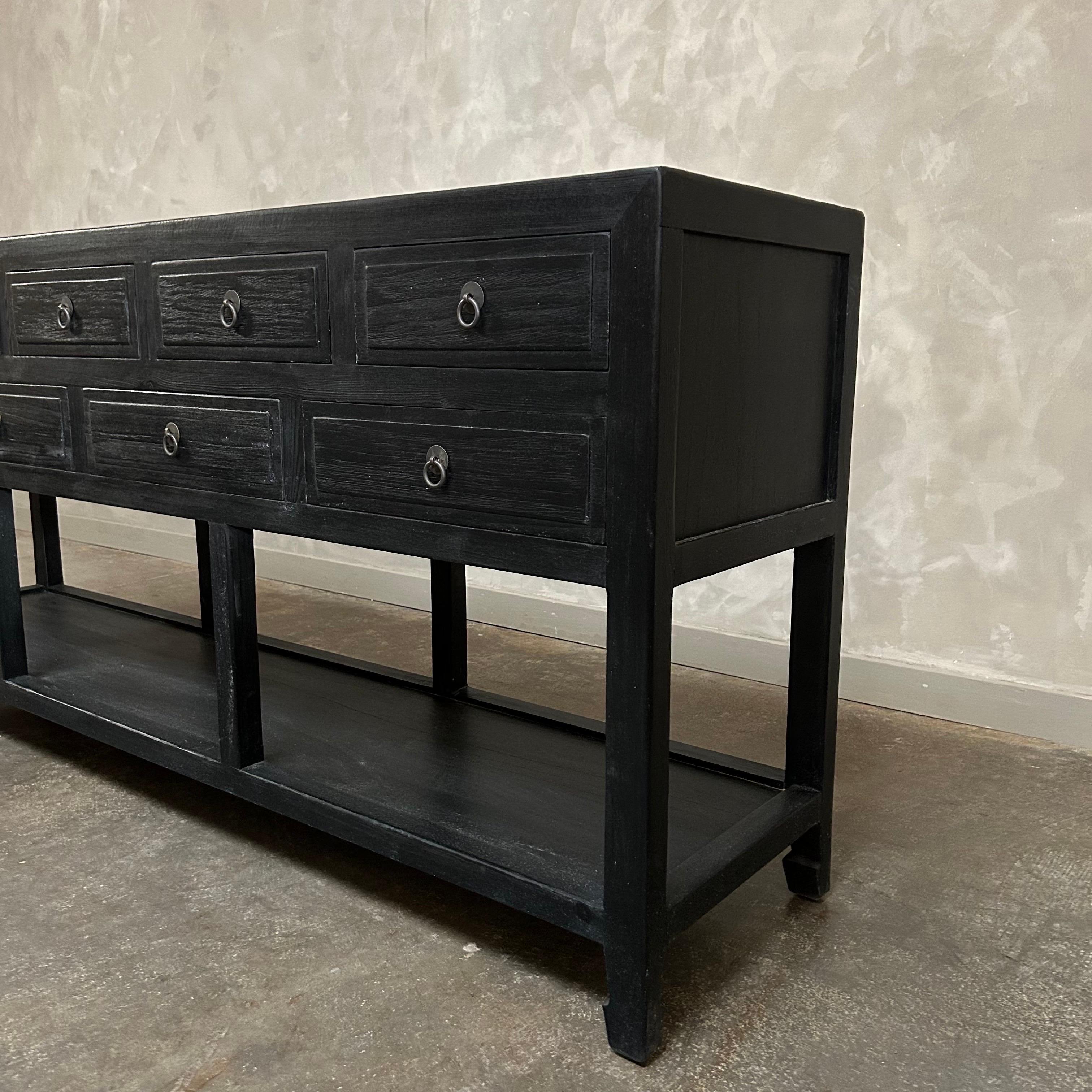 Contemporary Custom Made Reclaimed Wood Console with Drawers in Black Painted Finish For Sale