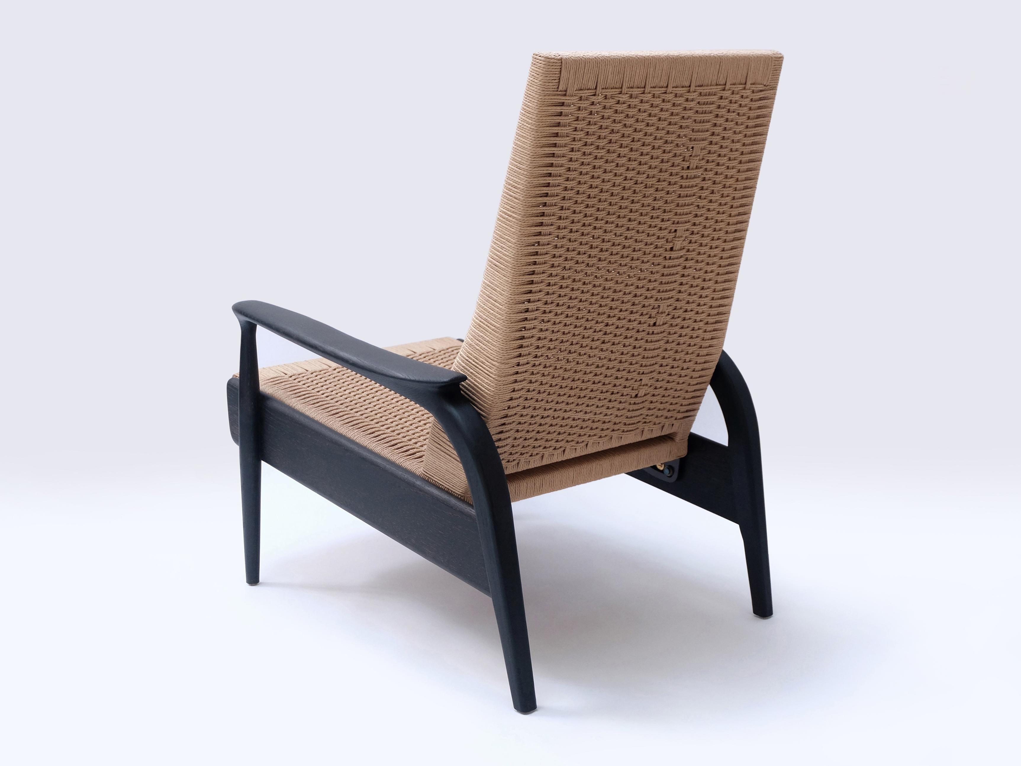 Contemporary Custom-Made Reclining Lounge Chair in Blackened Oak and Natural Danish Cord For Sale